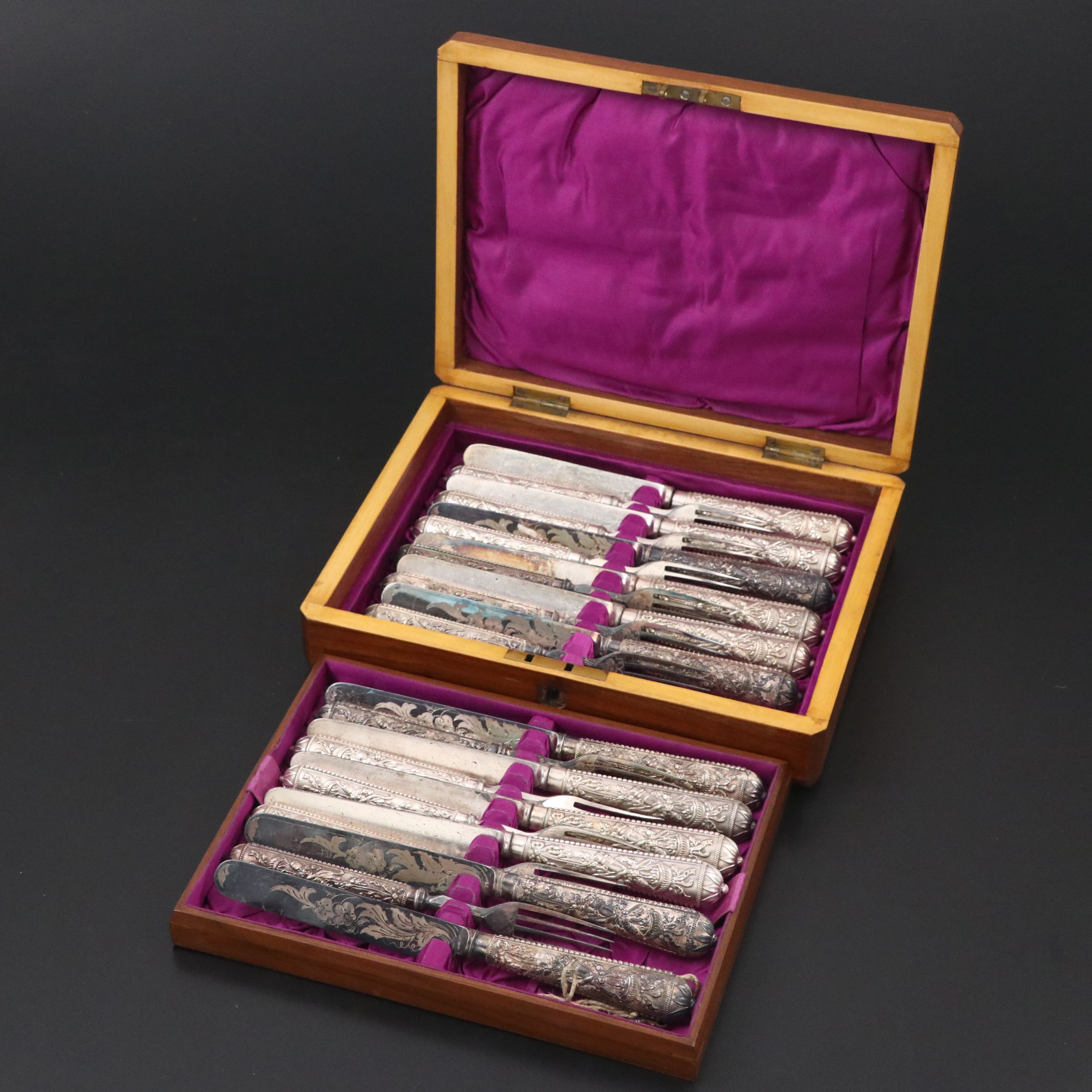 English Adams Style Silver Plate Flatware in Wooden Presentation Box