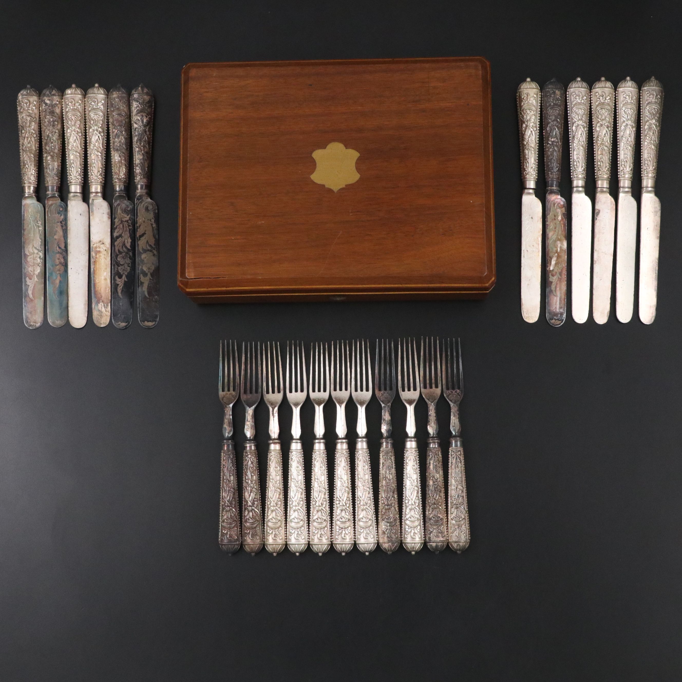 English Adams Style Silver Plate Flatware in Wooden Presentation Box