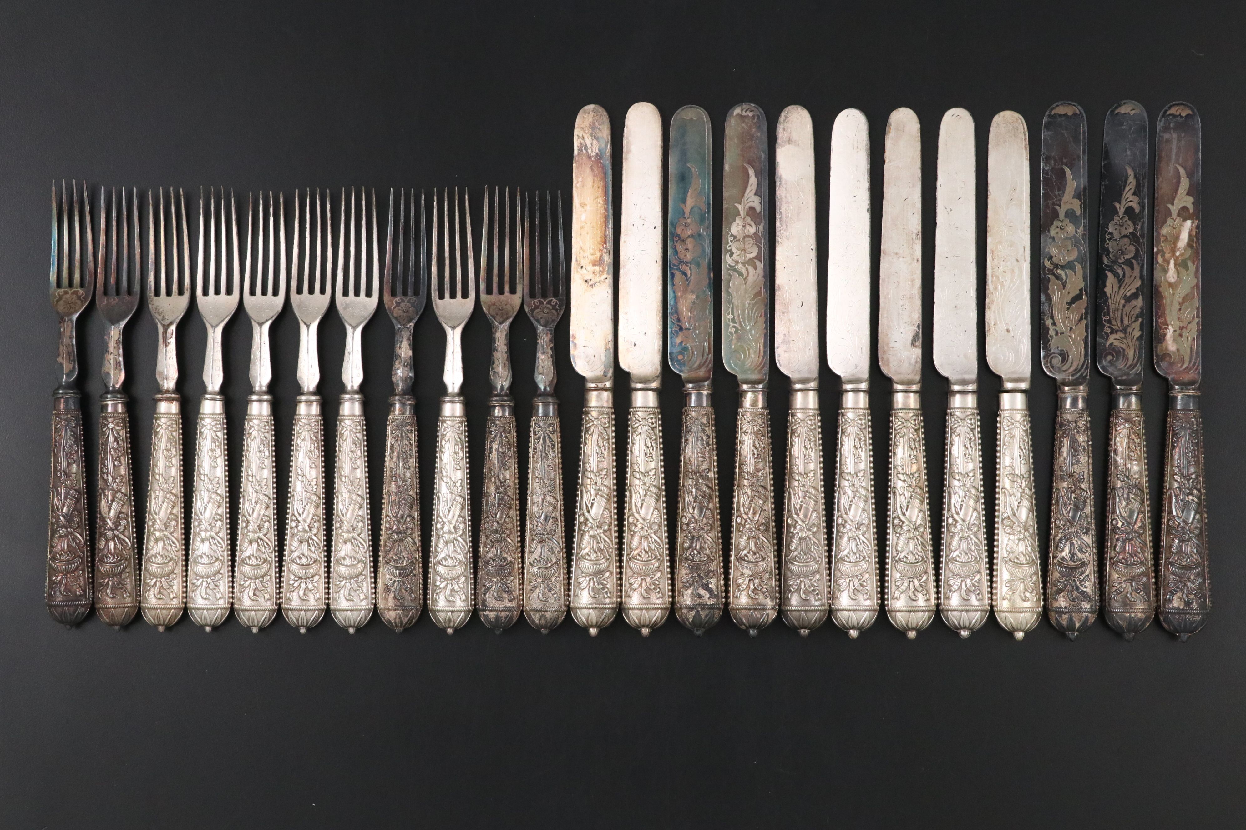 English Adams Style Silver Plate Flatware in Wooden Presentation Box