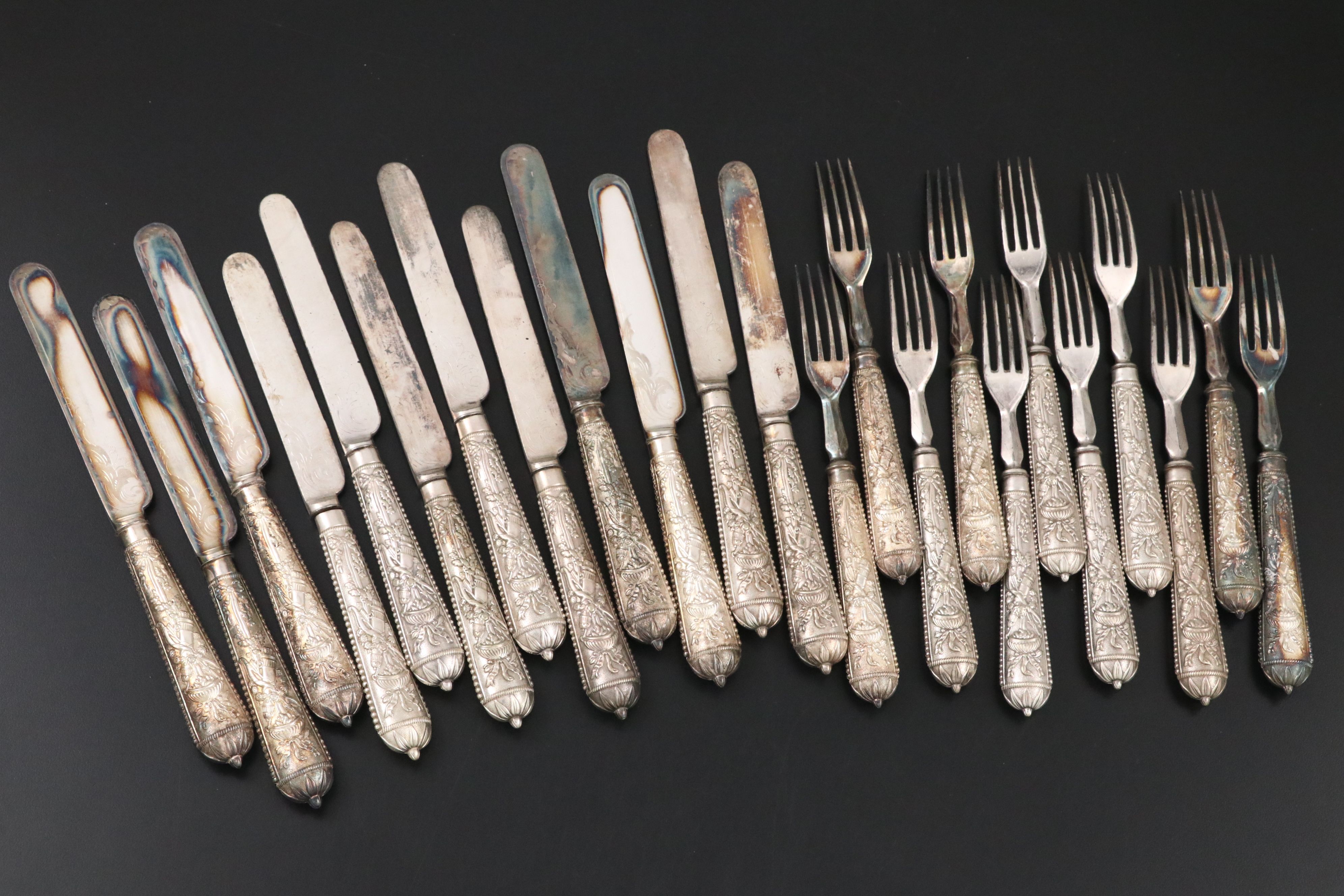 English Adams Style Silver Plate Flatware in Wooden Presentation Box