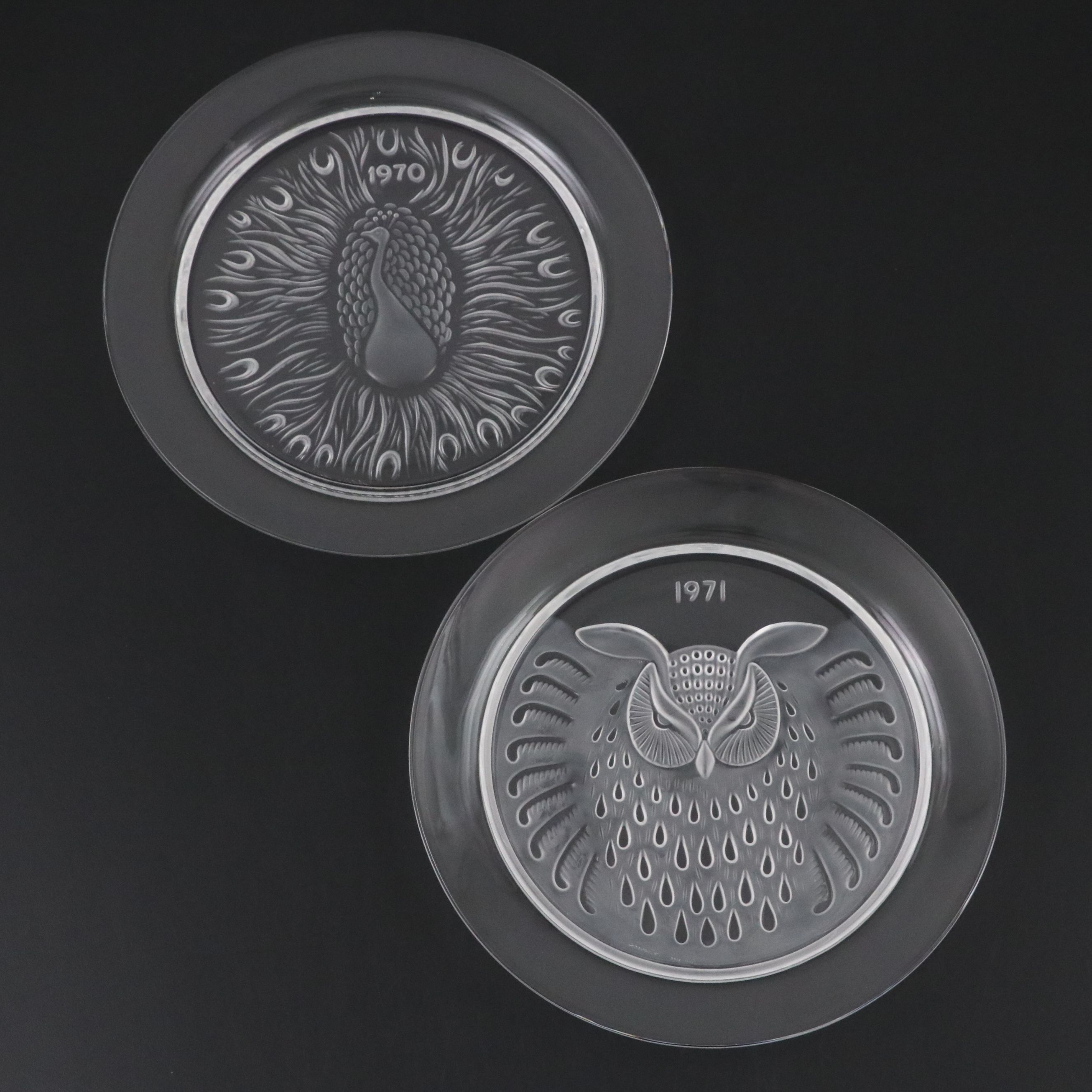 Lalique "Poan" and "Hibou" Frosted and Clear Crystal Annual Plates, 1970–1971