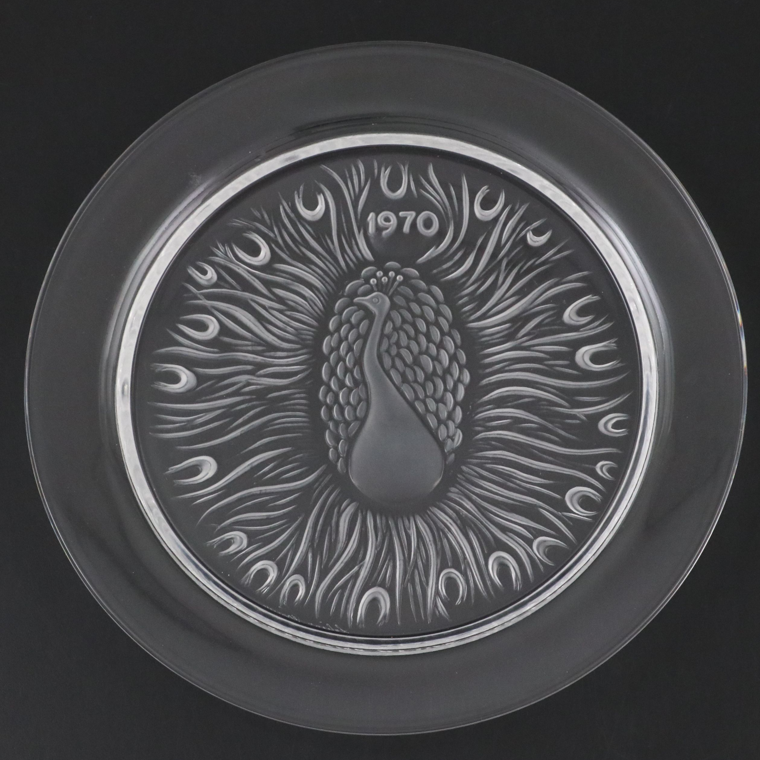 Lalique "Poan" and "Hibou" Frosted and Clear Crystal Annual Plates, 1970–1971