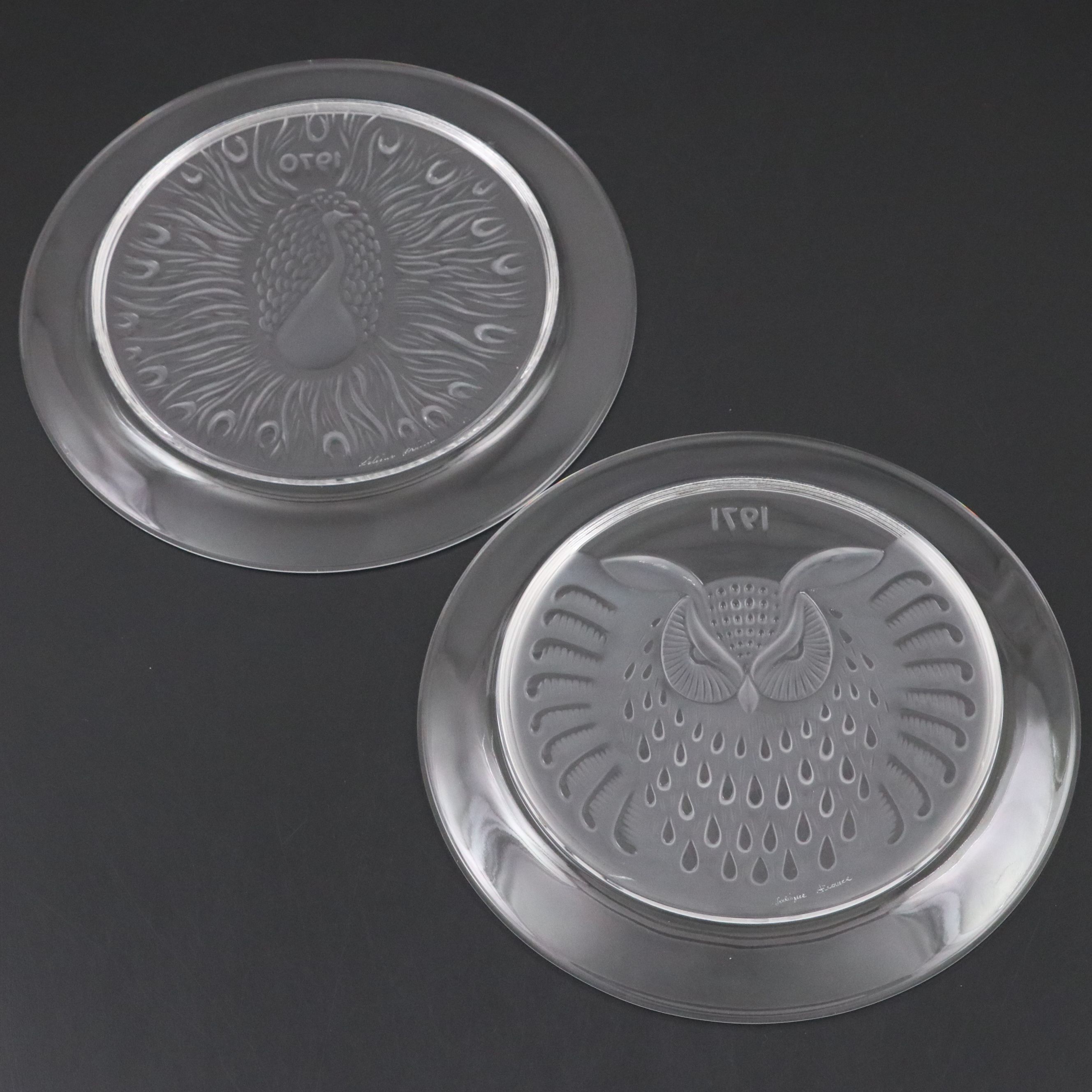 Lalique "Poan" and "Hibou" Frosted and Clear Crystal Annual Plates, 1970–1971