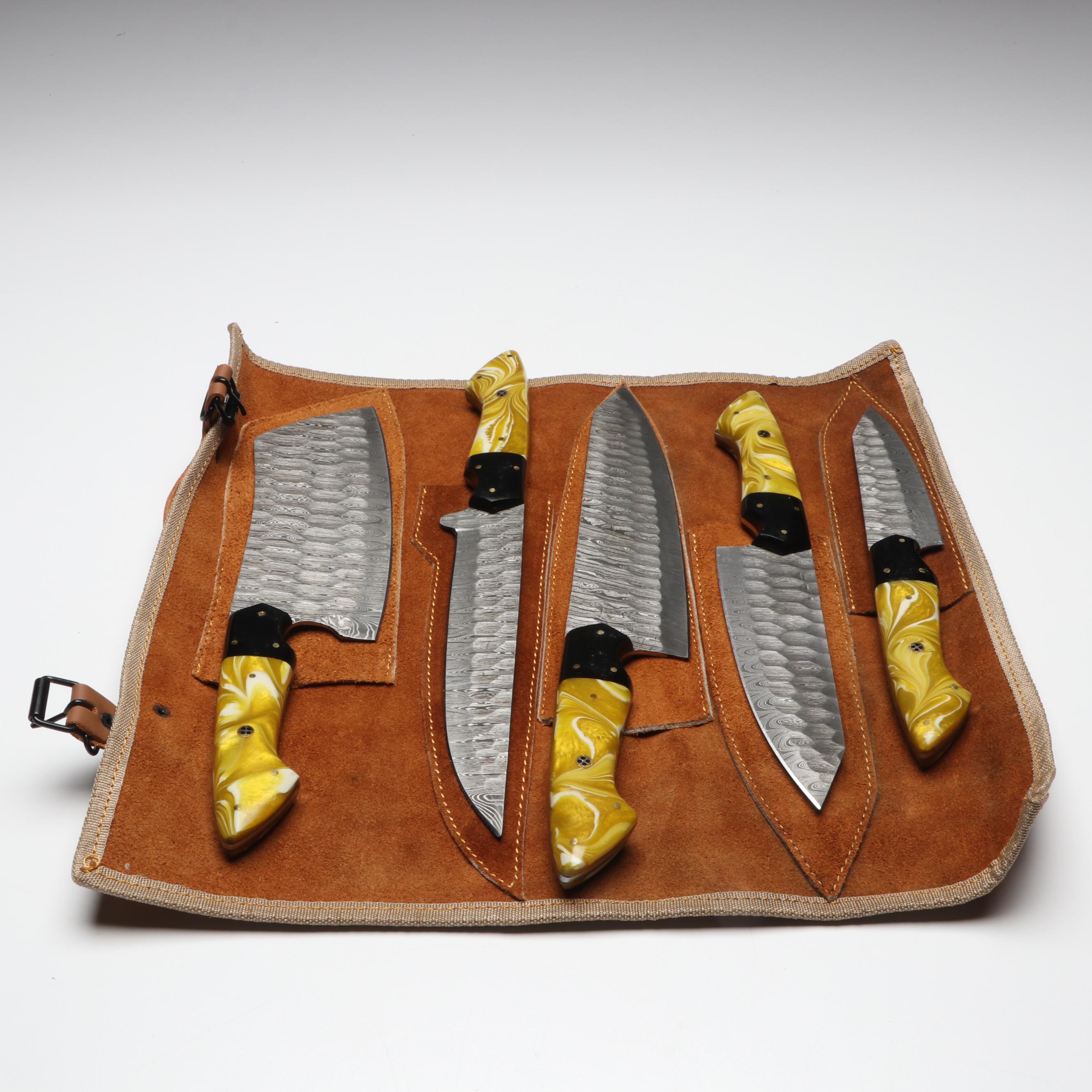 Damascus Steel Marbled Handled Chef's Knife Set in Suede Leather Roll