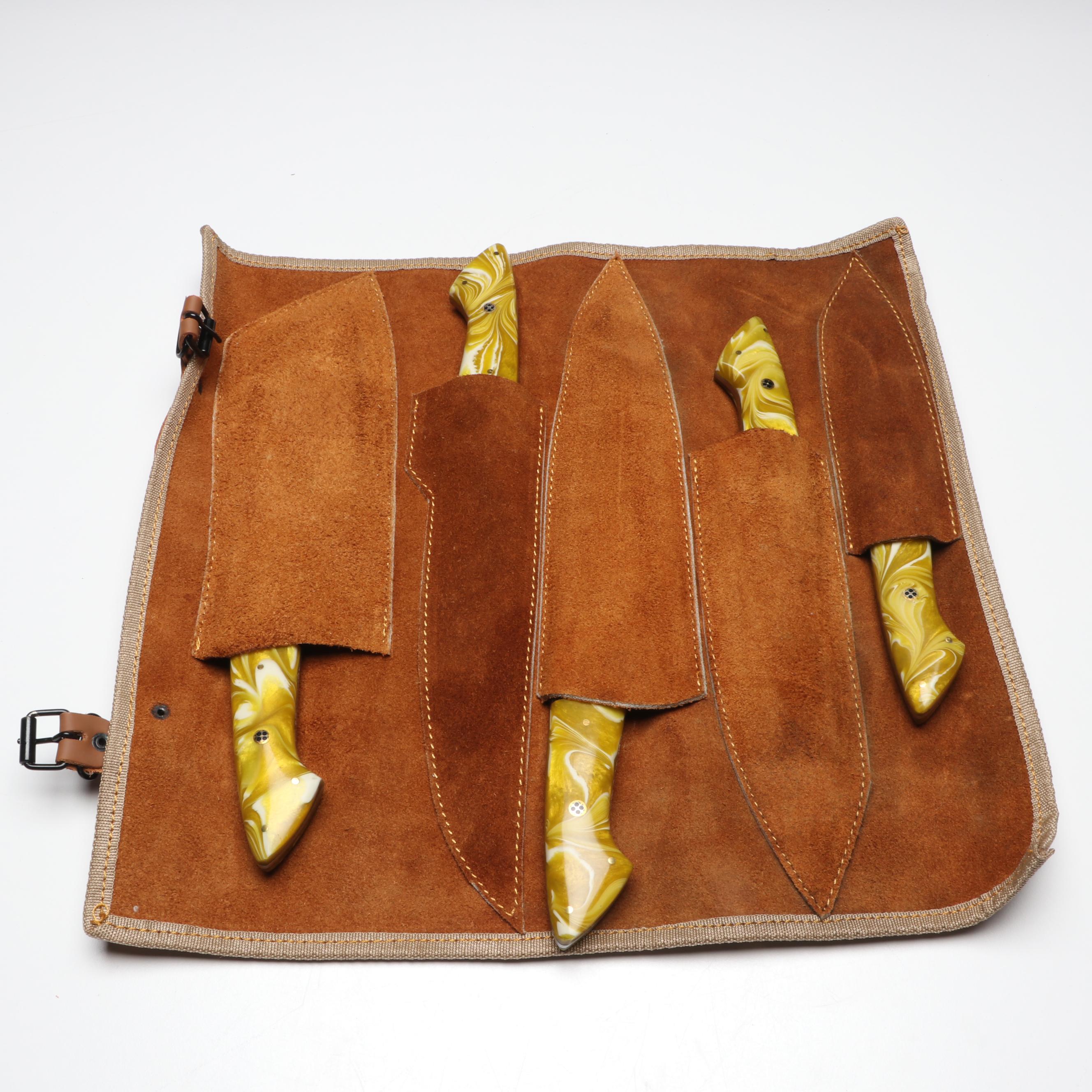 Damascus Steel Marbled Handled Chef's Knife Set in Suede Leather Roll