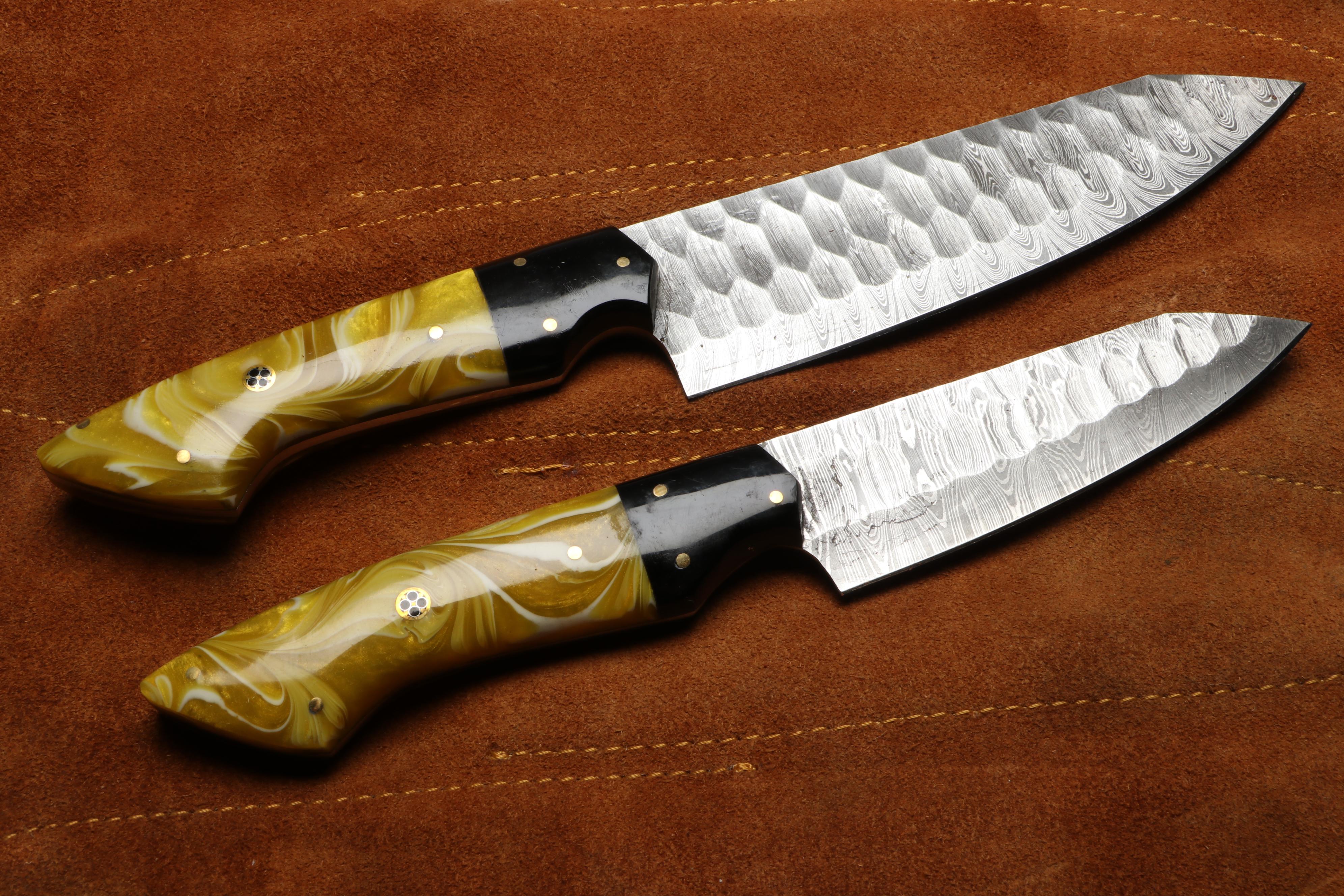 Damascus Steel Marbled Handled Chef's Knife Set in Suede Leather Roll