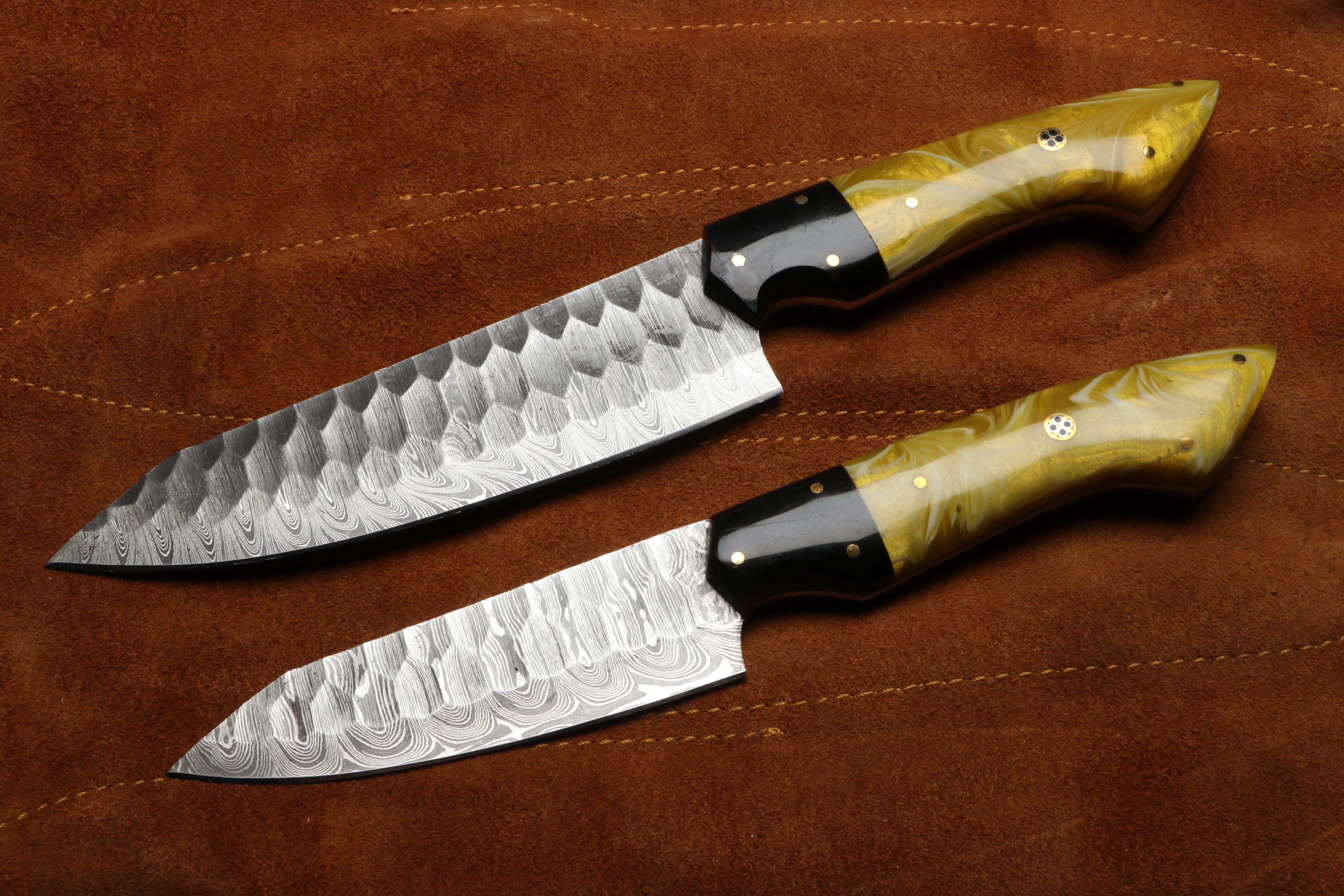 Damascus Steel Marbled Handled Chef's Knife Set in Suede Leather Roll