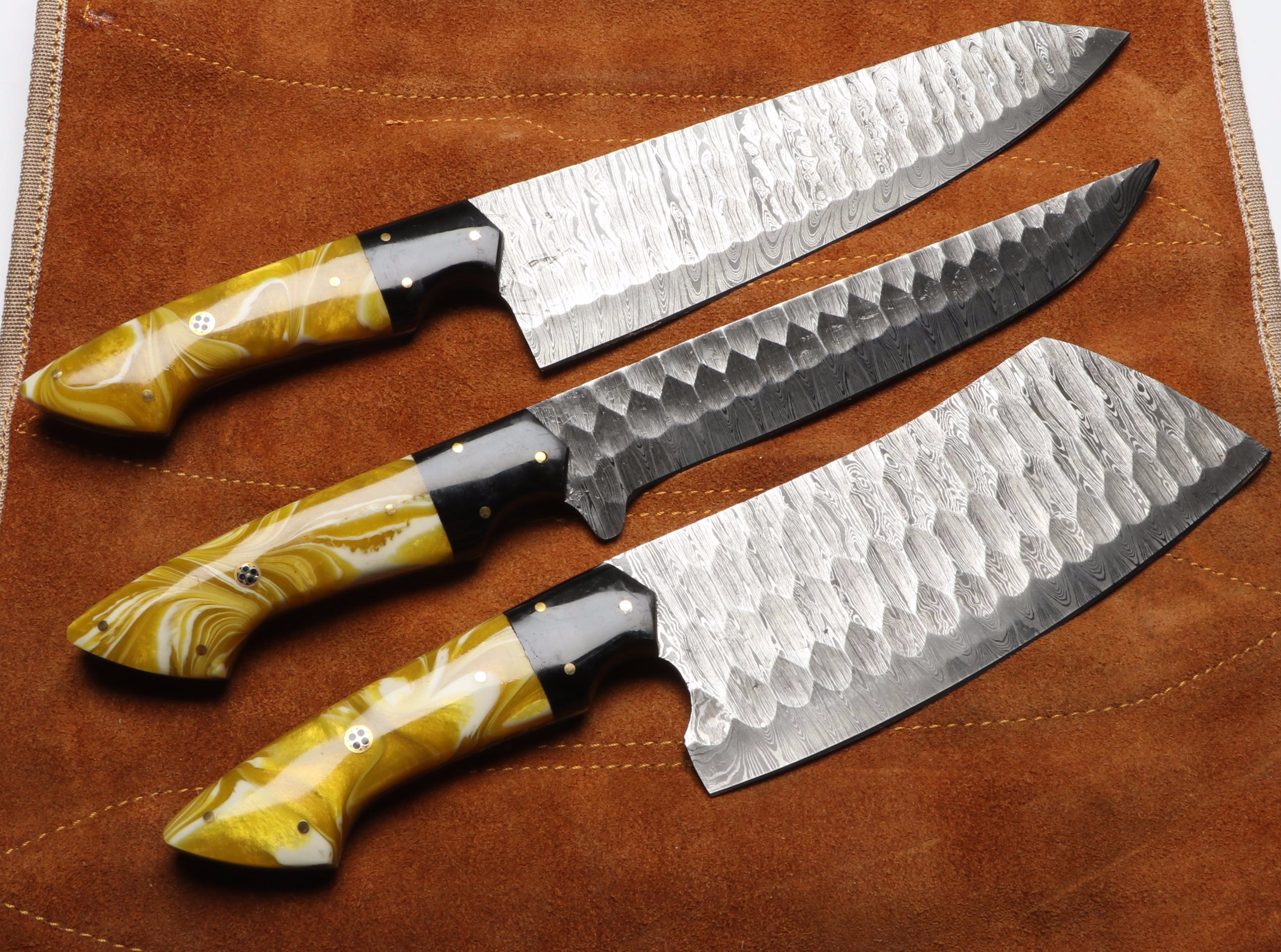 Damascus Steel Marbled Handled Chef's Knife Set in Suede Leather Roll