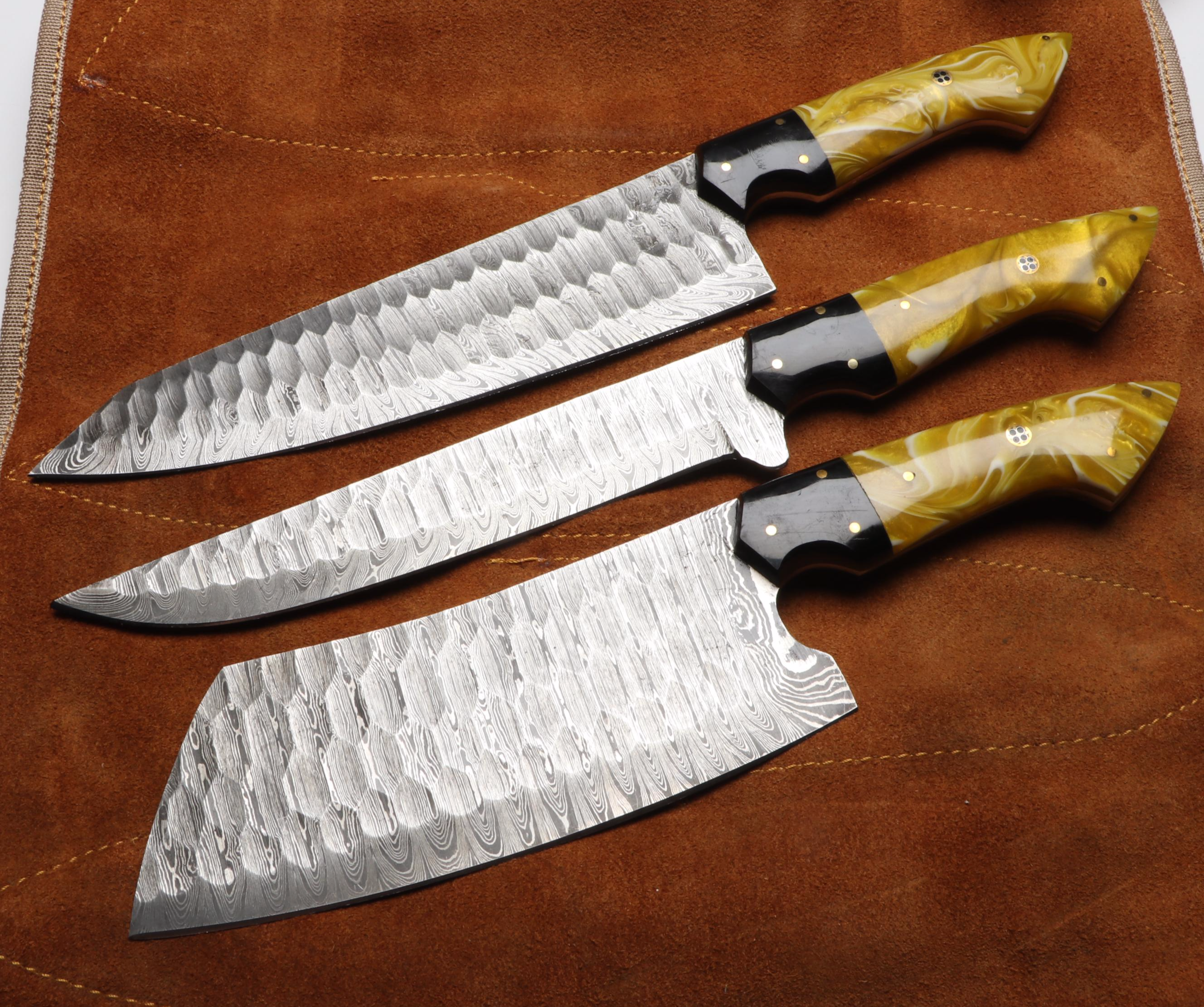 Damascus Steel Marbled Handled Chef's Knife Set in Suede Leather Roll