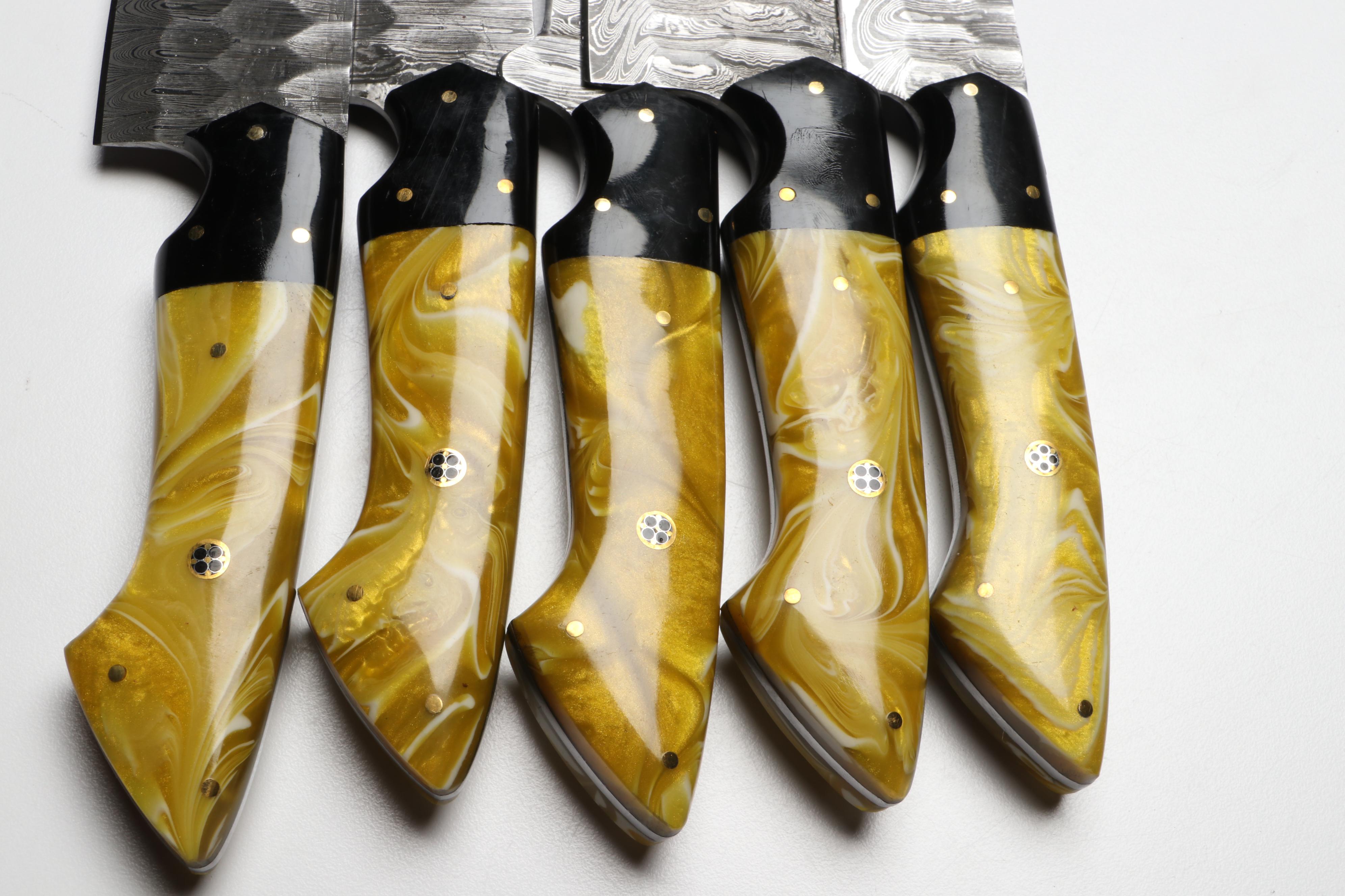 Damascus Steel Marbled Handled Chef's Knife Set in Suede Leather Roll