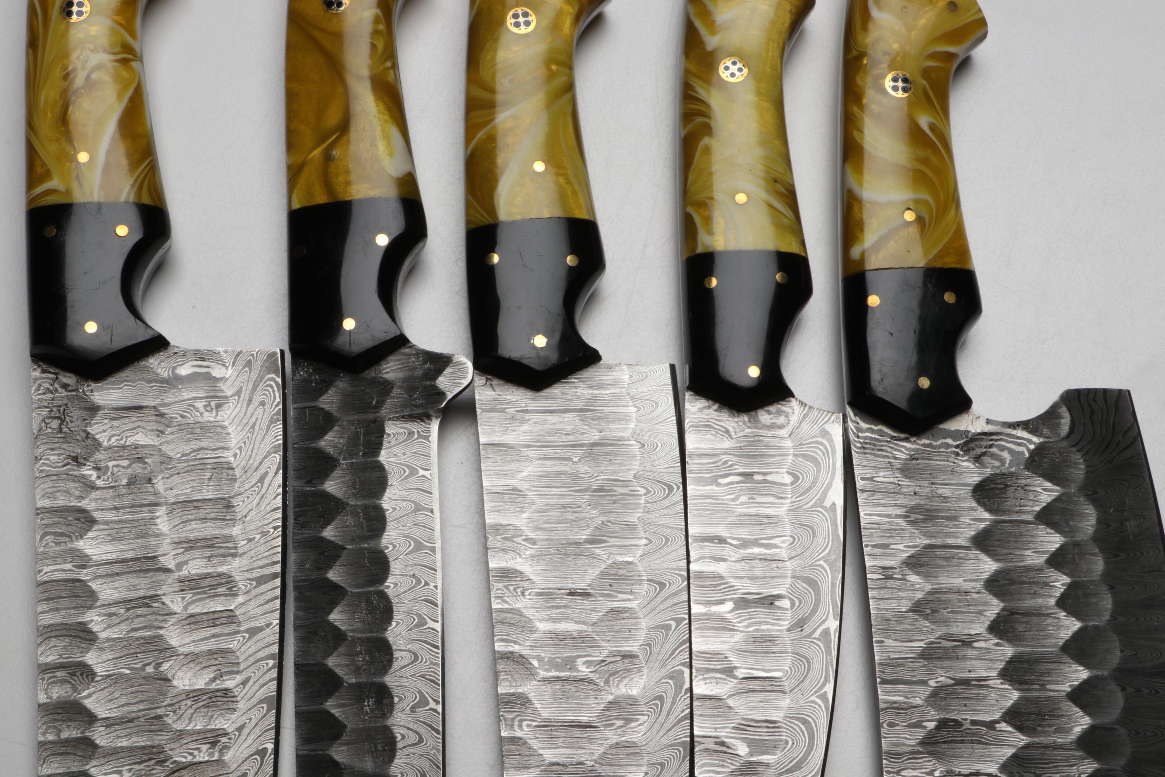 Damascus Steel Marbled Handled Chef's Knife Set in Suede Leather Roll