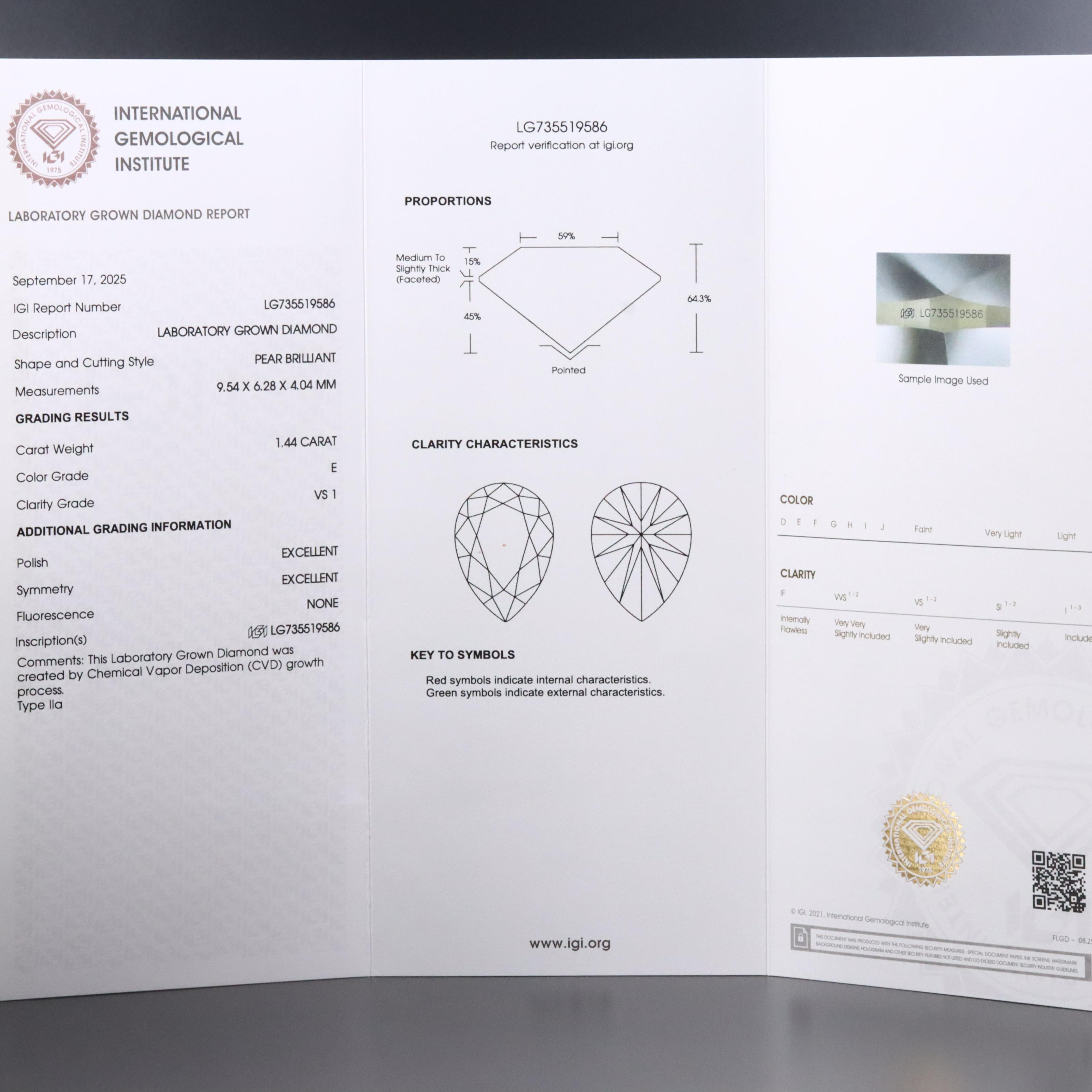 Loose 1.44 CT Lab Grown Diamond with IGI Report