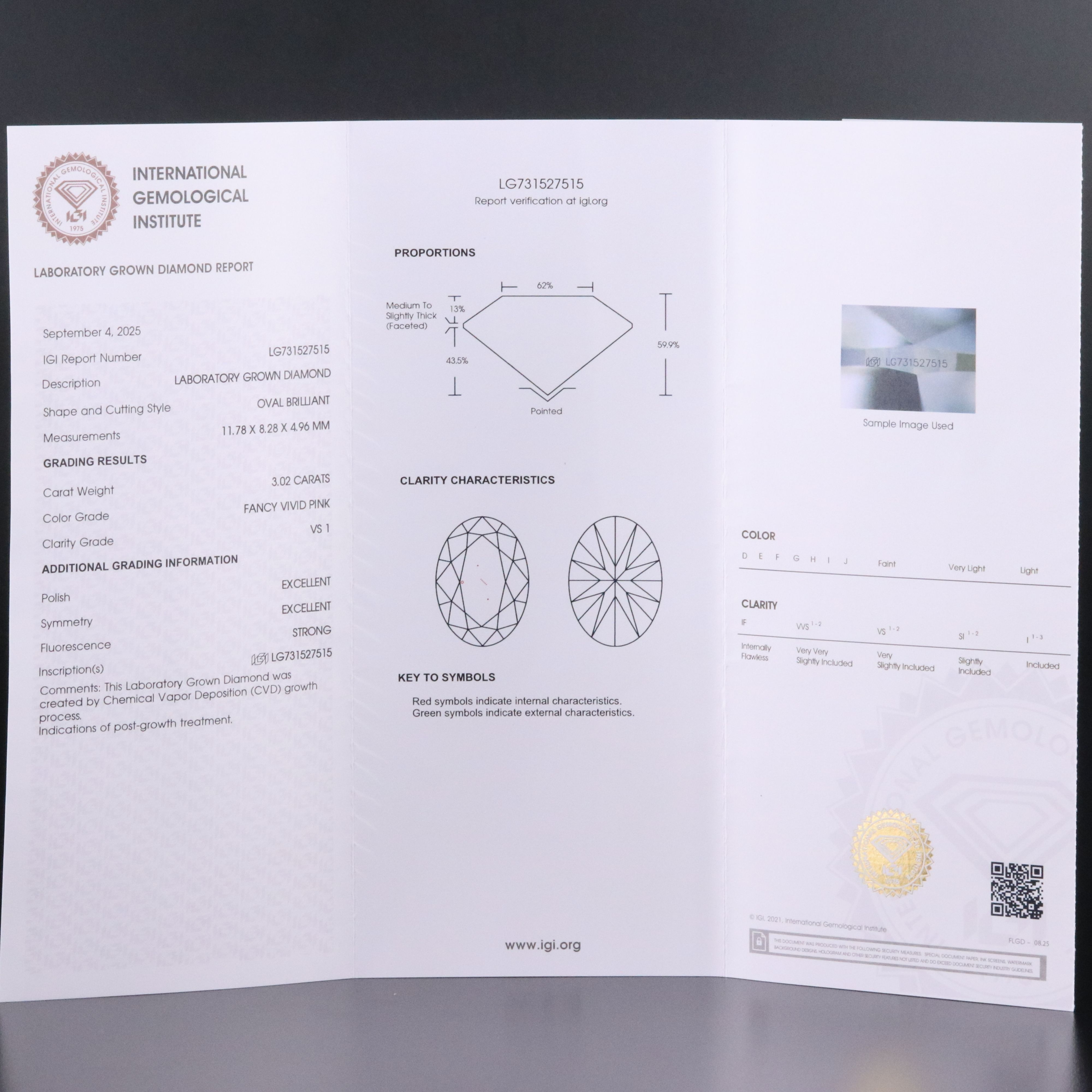 Loose 3.02 CT Lab Grown Fancy Pink Diamond with IGI Report
