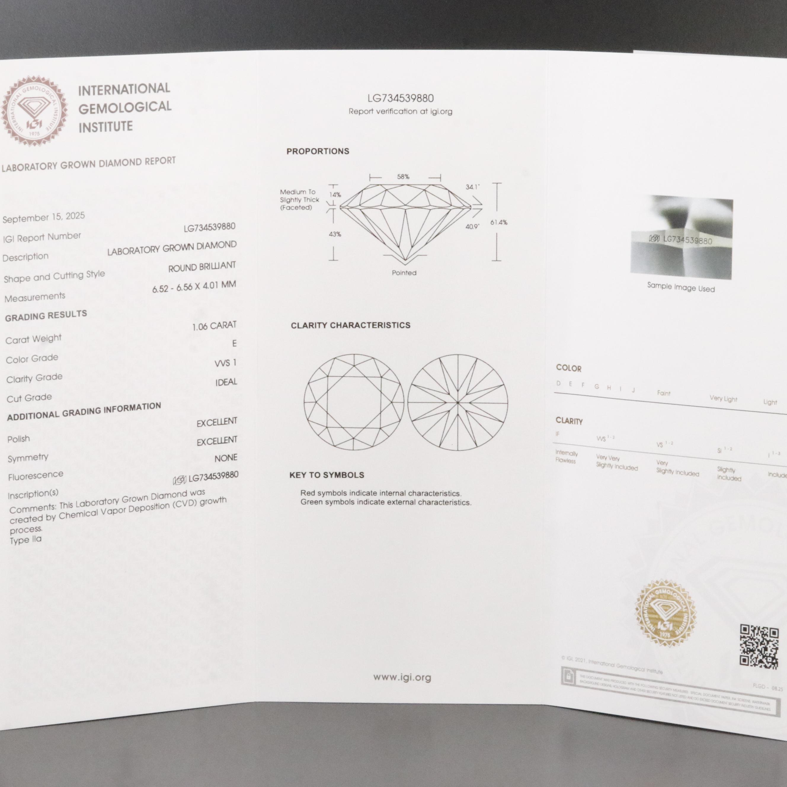 Loose 1.06 CT Lab Grown Diamond with IGI Report