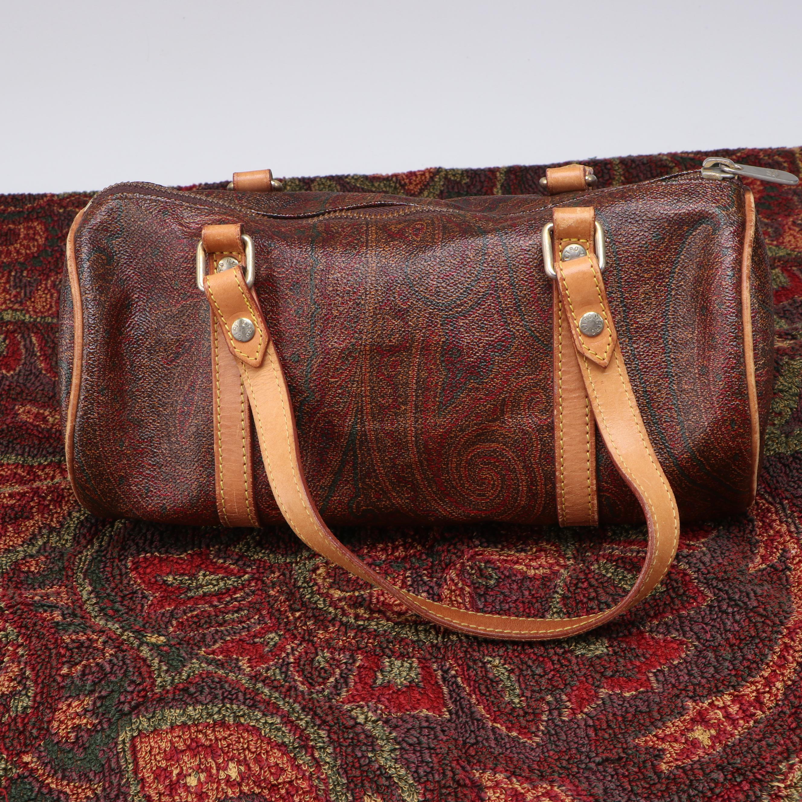 ETRO Barrel Bag and Bath Towel in Paisley Print with Twisted Faux Pearl Necklace