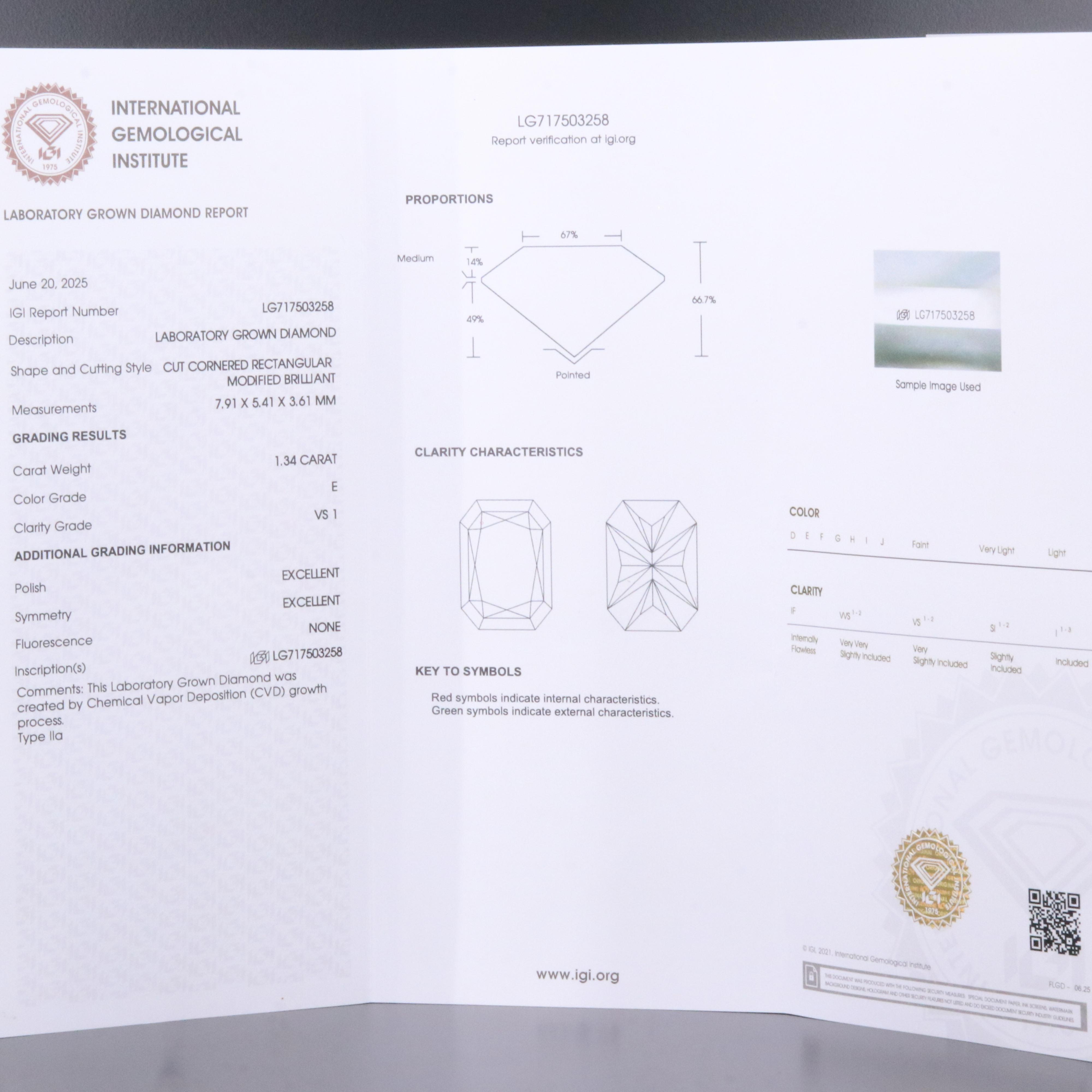 Loose 1.34 CT Lab Grown Diamond with IGI Report