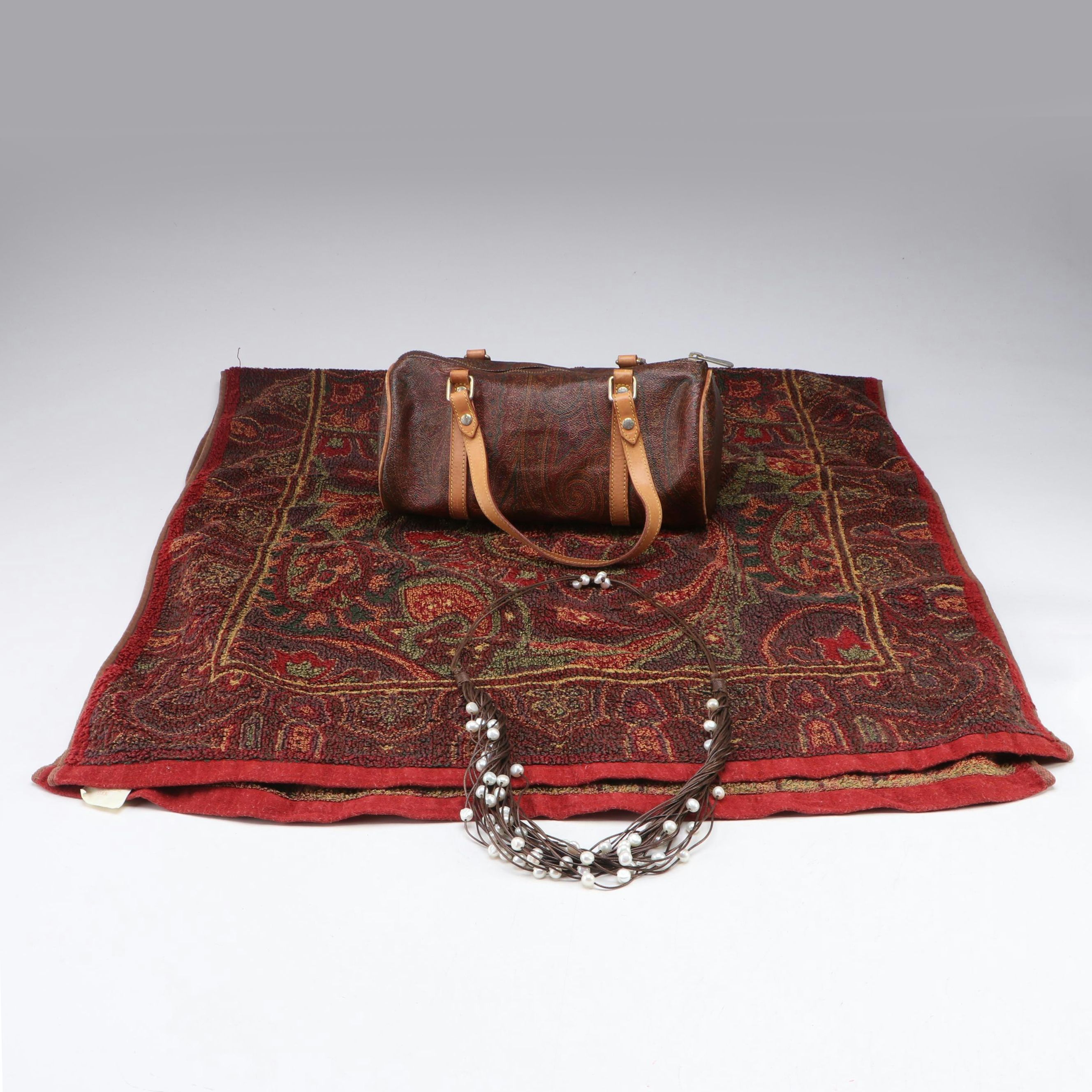 ETRO Barrel Bag and Bath Towel in Paisley Print with Twisted Faux Pearl Necklace