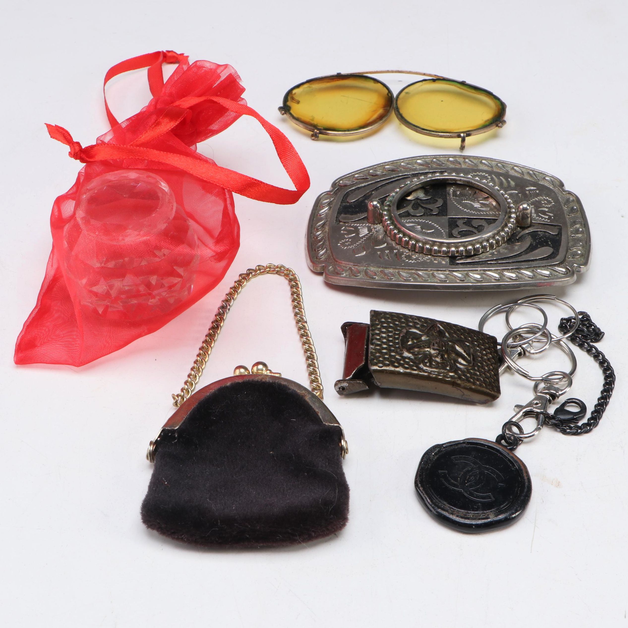 Belt Buckles, Clip-On Sunglasses, Coin Purse, Bag Charm, Crystal Paperweight