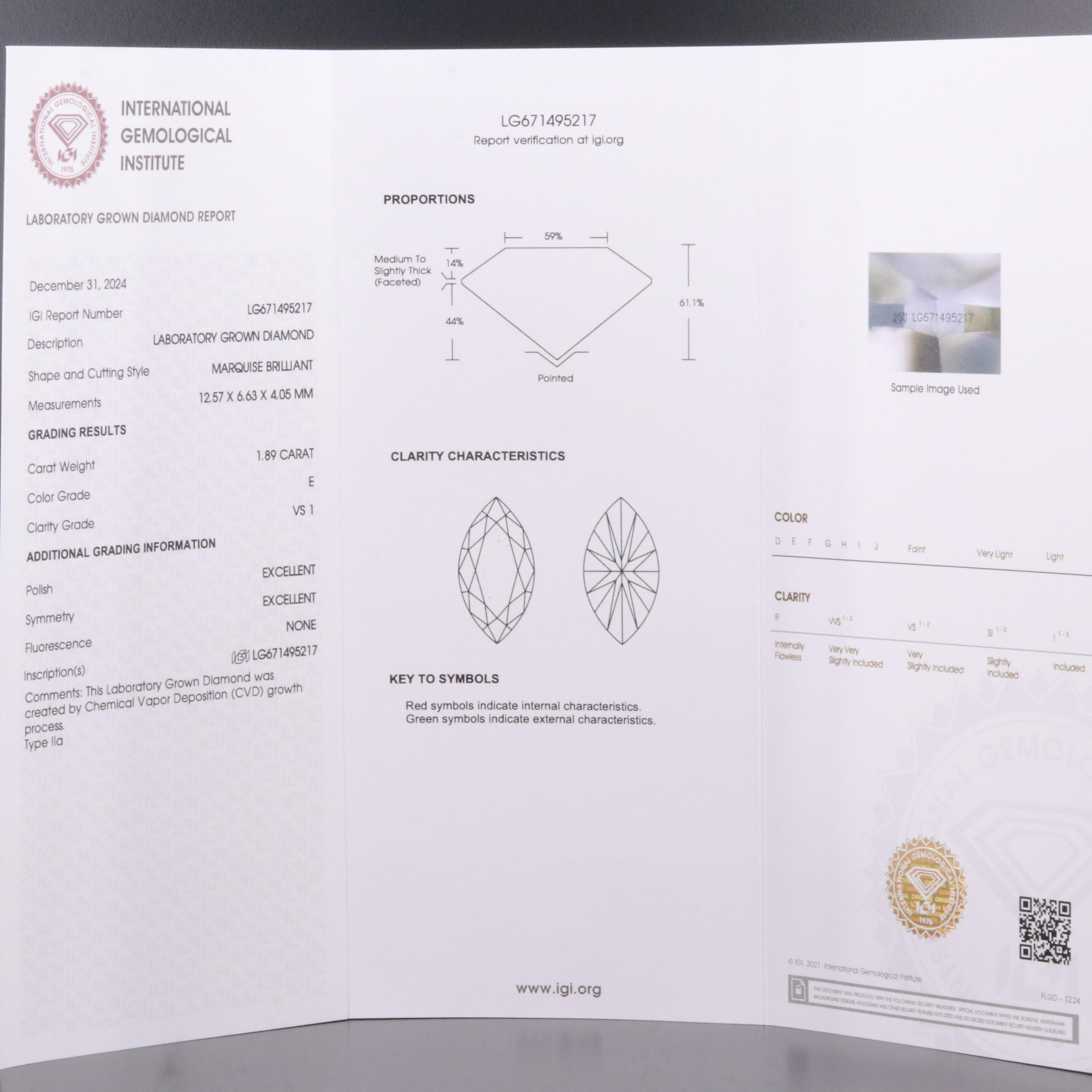 Loose 1.89 CT Lab Grown Diamond with IGI Report