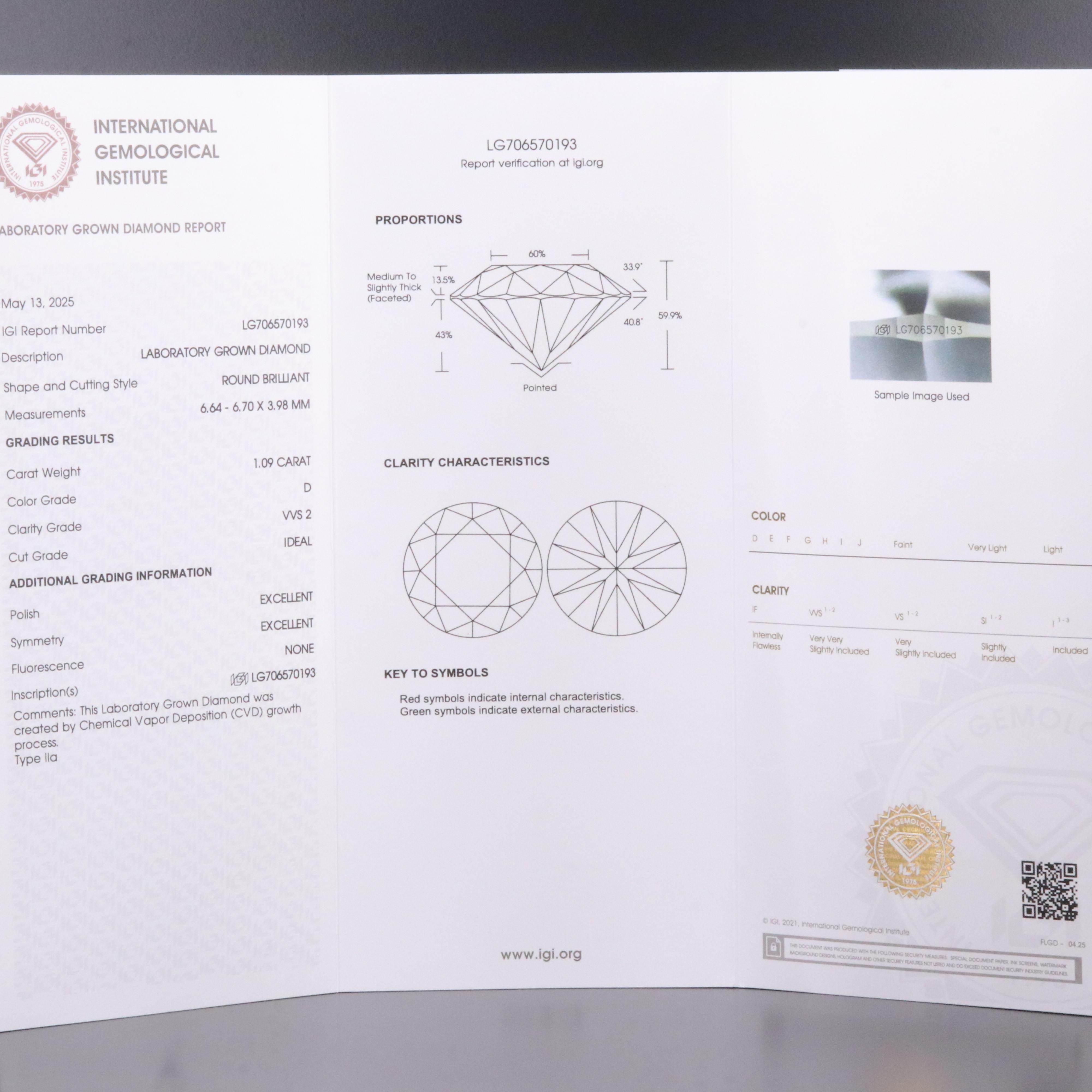 Loose 1.09 CT Lab Grown Diamond with IGI Report