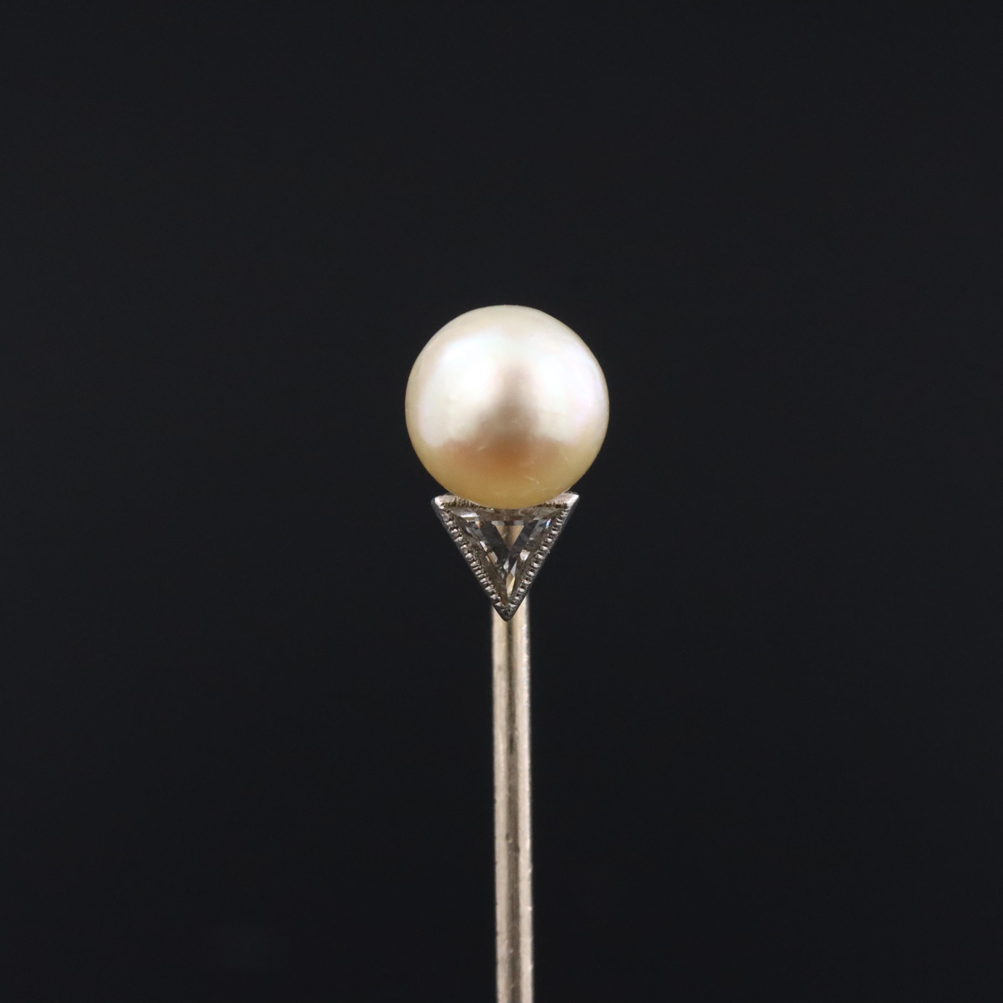 14K and Platinum Pearl and Diamond Stick Pin