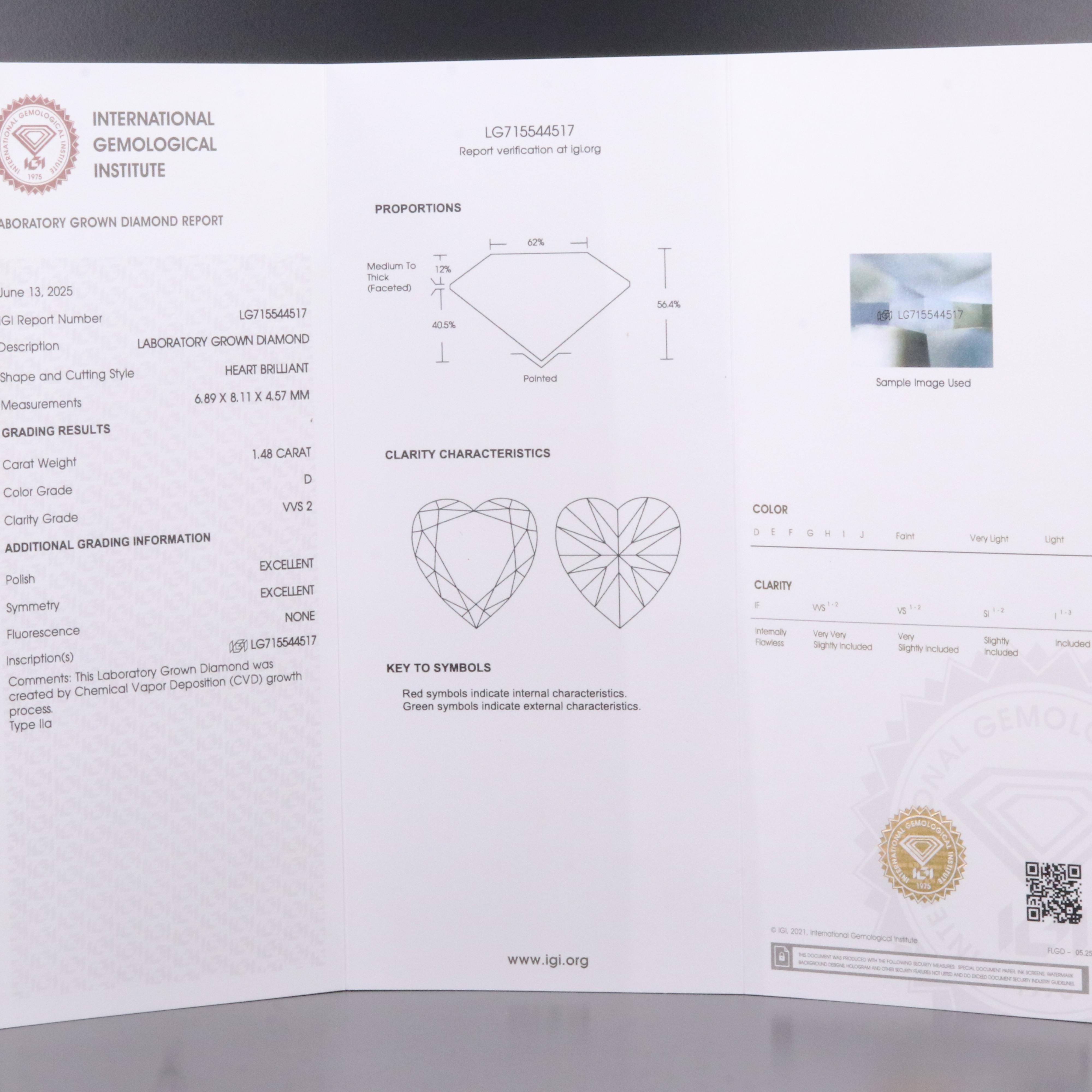 Loose 1.48 CT Lab Grown Diamond with IGI Report