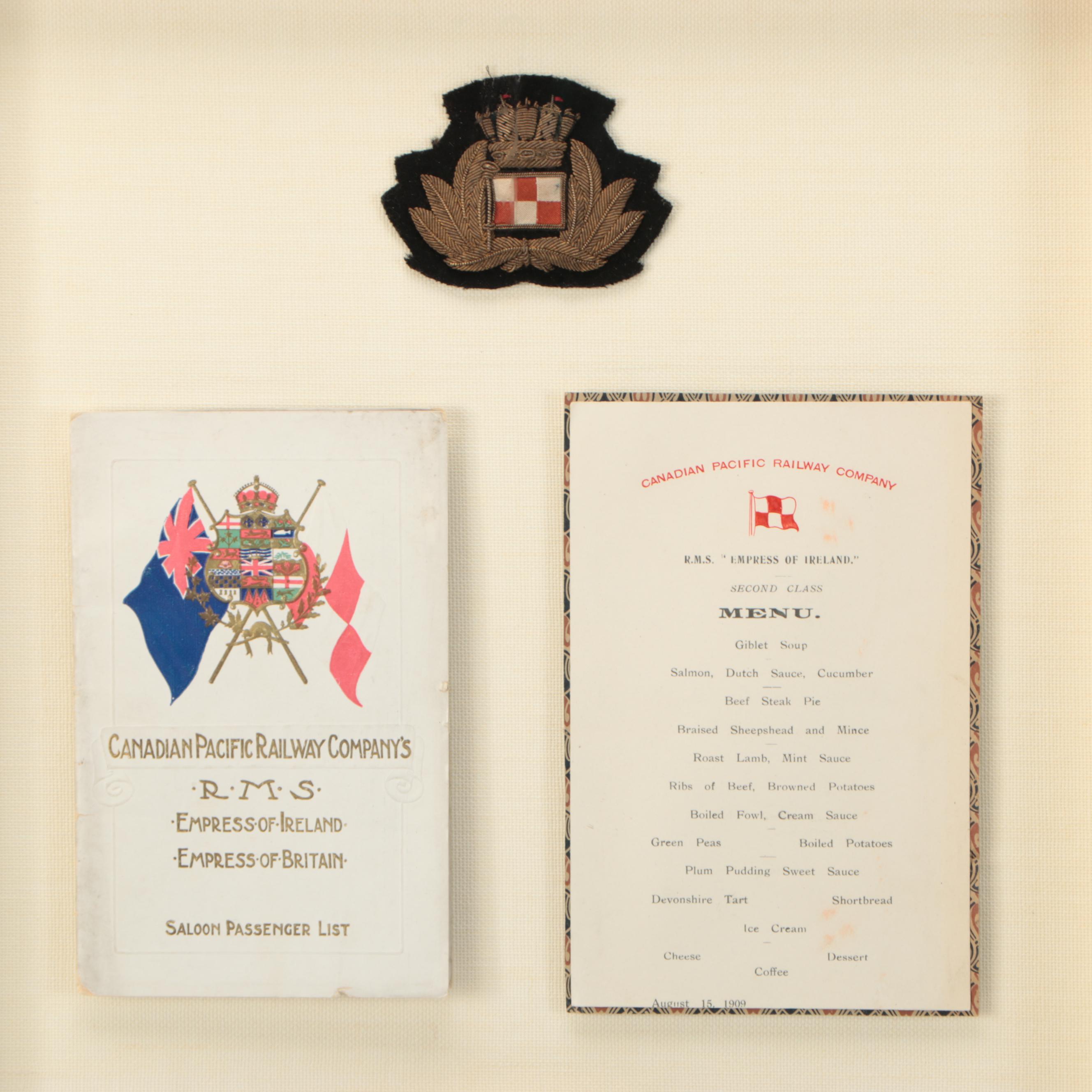 Empress of Ireland Train Menu, Plate, Passenger List and Spoon, Early 20th C.