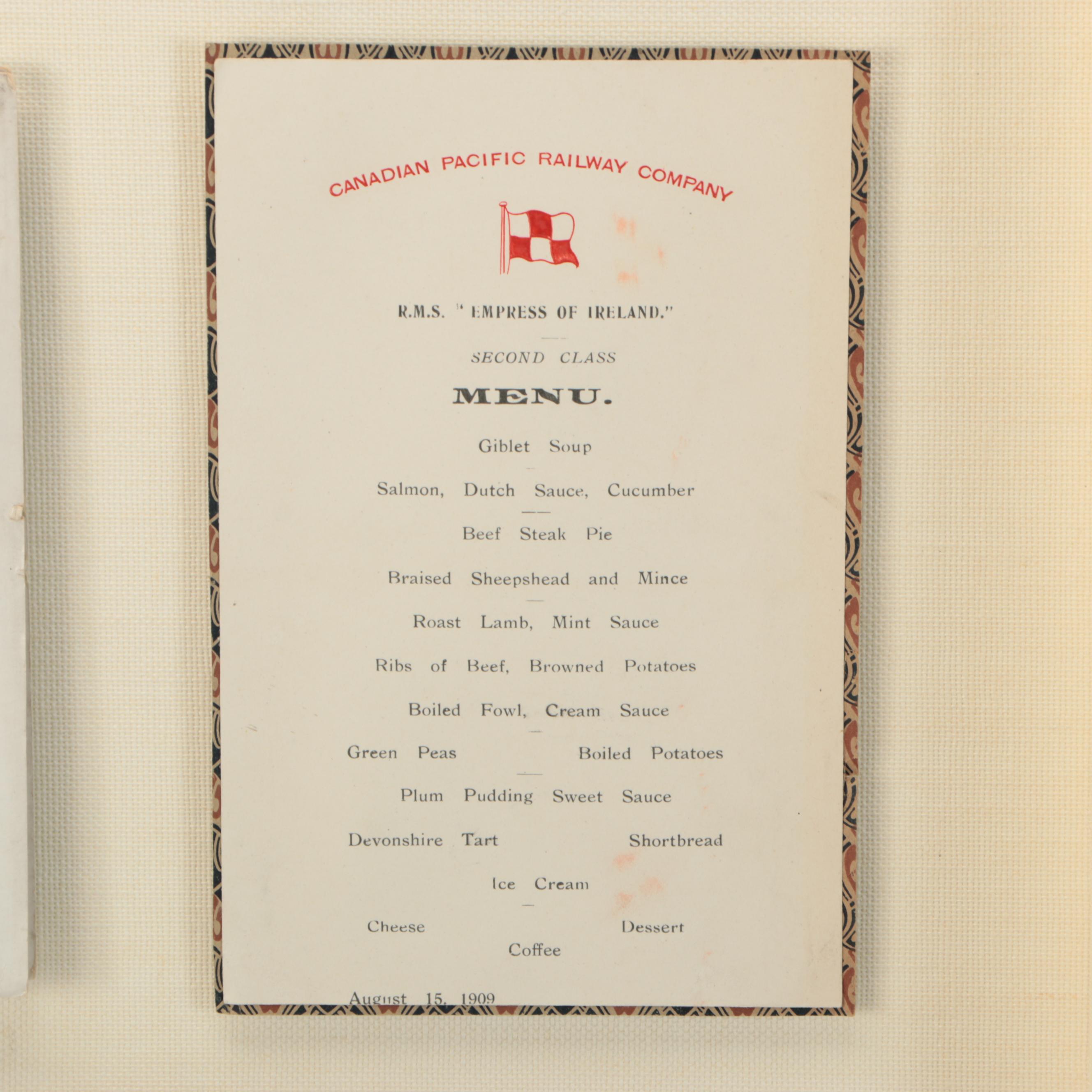Empress of Ireland Train Menu, Plate, Passenger List and Spoon, Early 20th C.