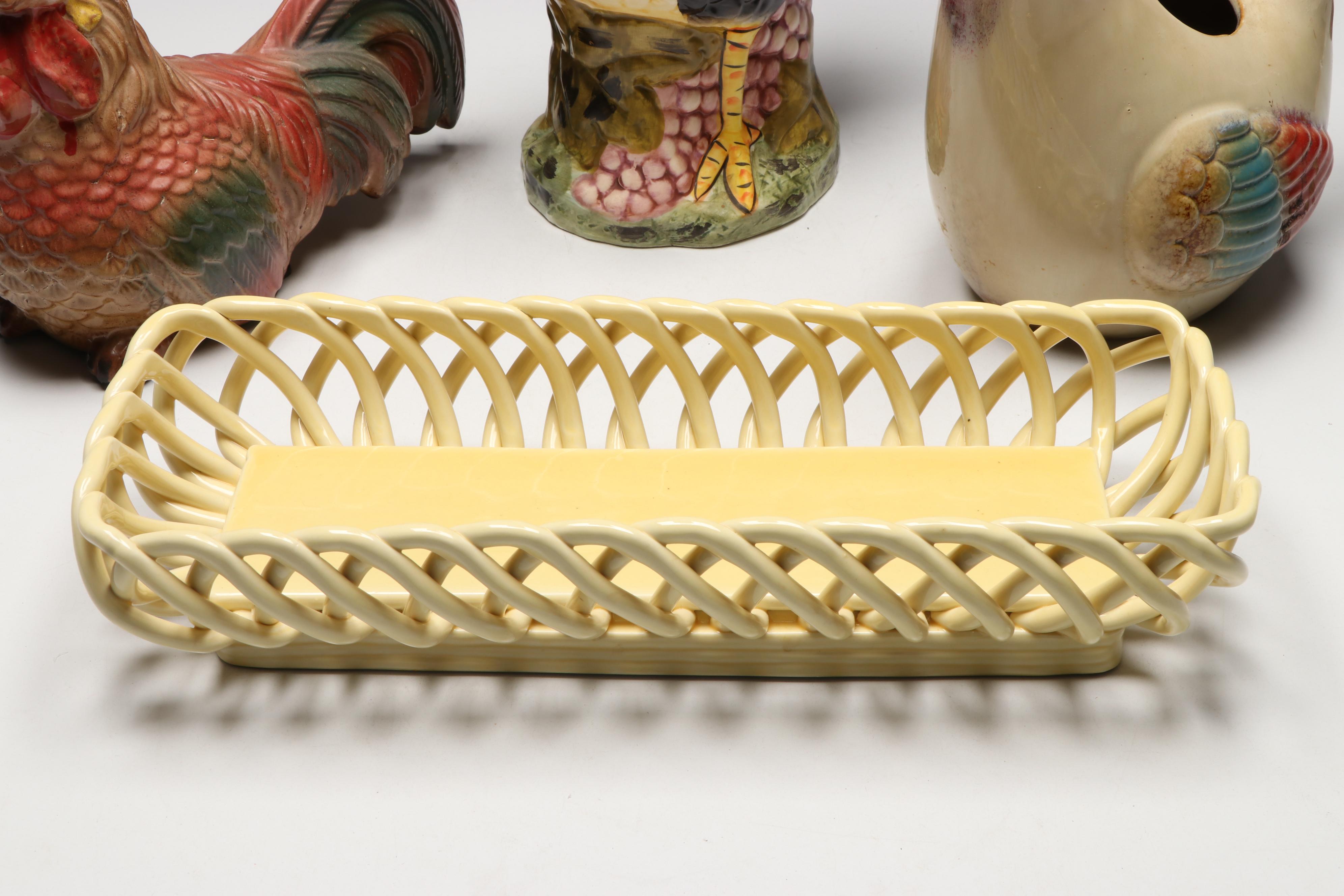 Ceramic Roosters with Artimino Ironstone Rectangular Bowl