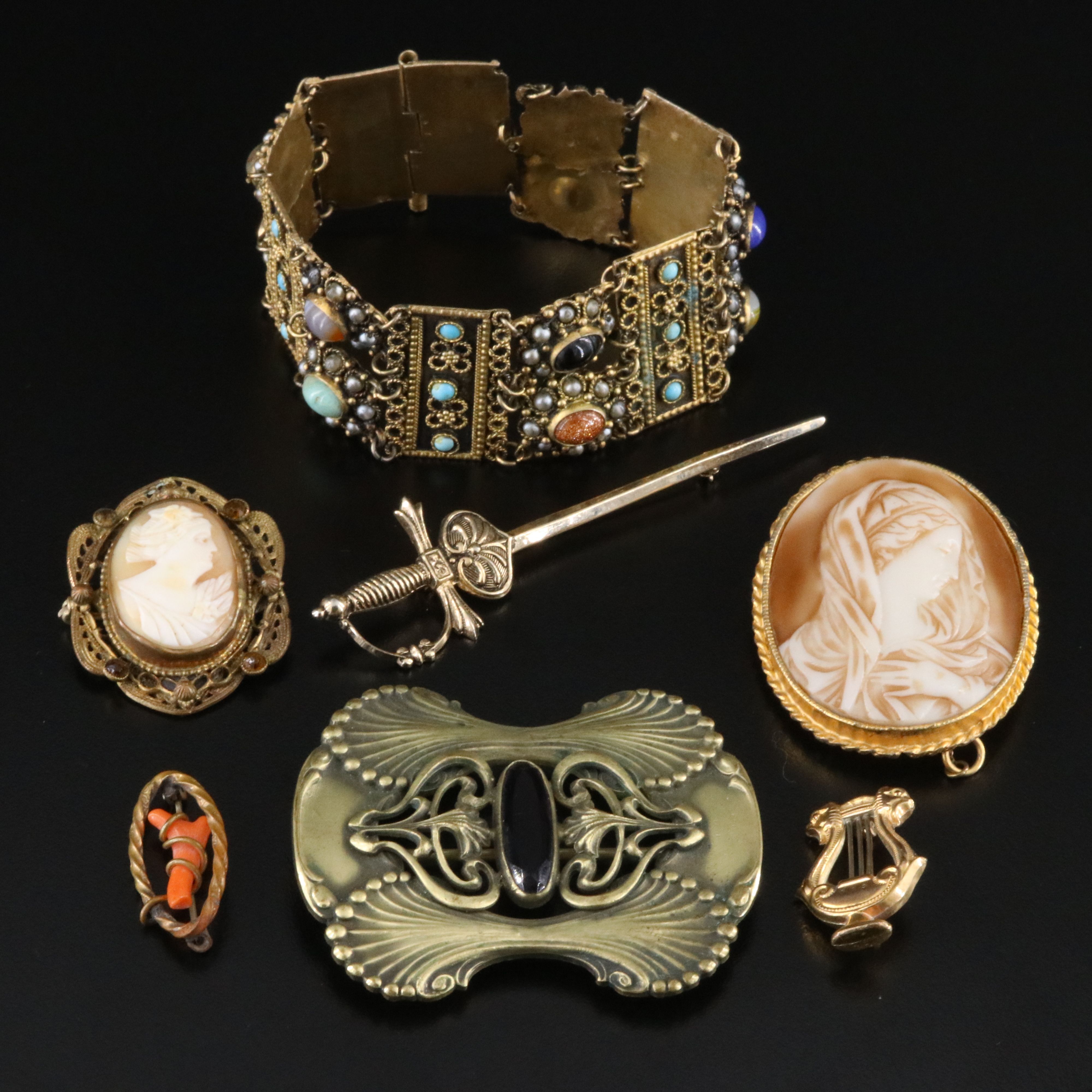 Art Nouveau Sash Pin, Sterling and Coral Featured in Vintage Jewelry