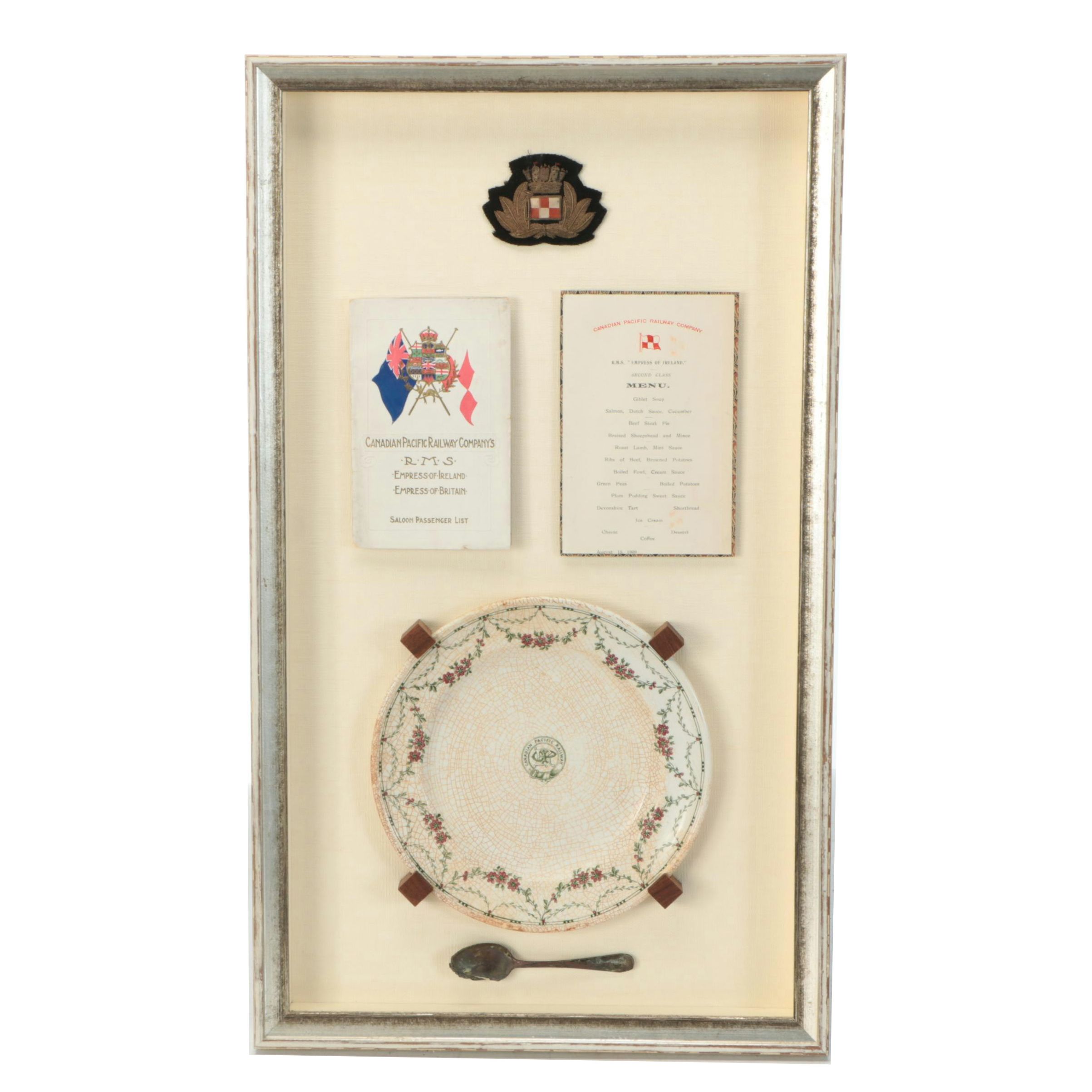 Empress of Ireland Train Menu, Plate, Passenger List and Spoon, Early 20th C.