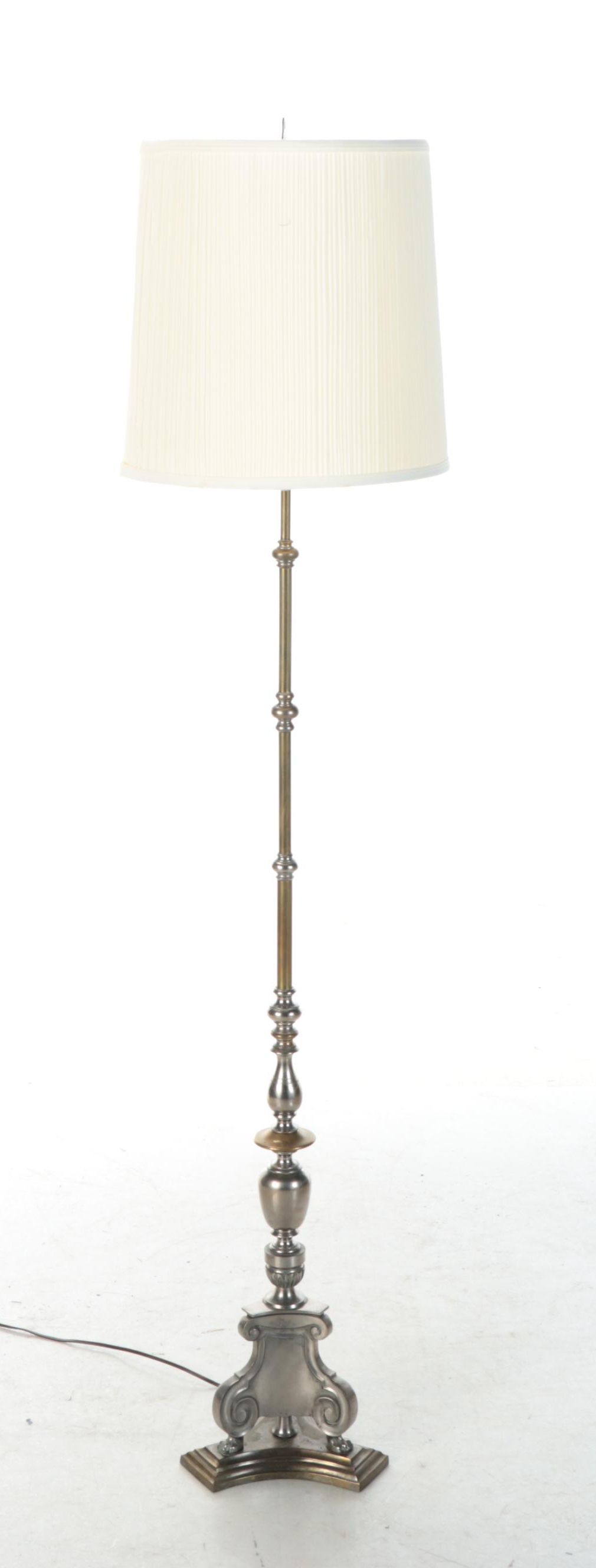 French Provincial Style Patinated Metal and Brass Floor Lamp with Shirred Shade