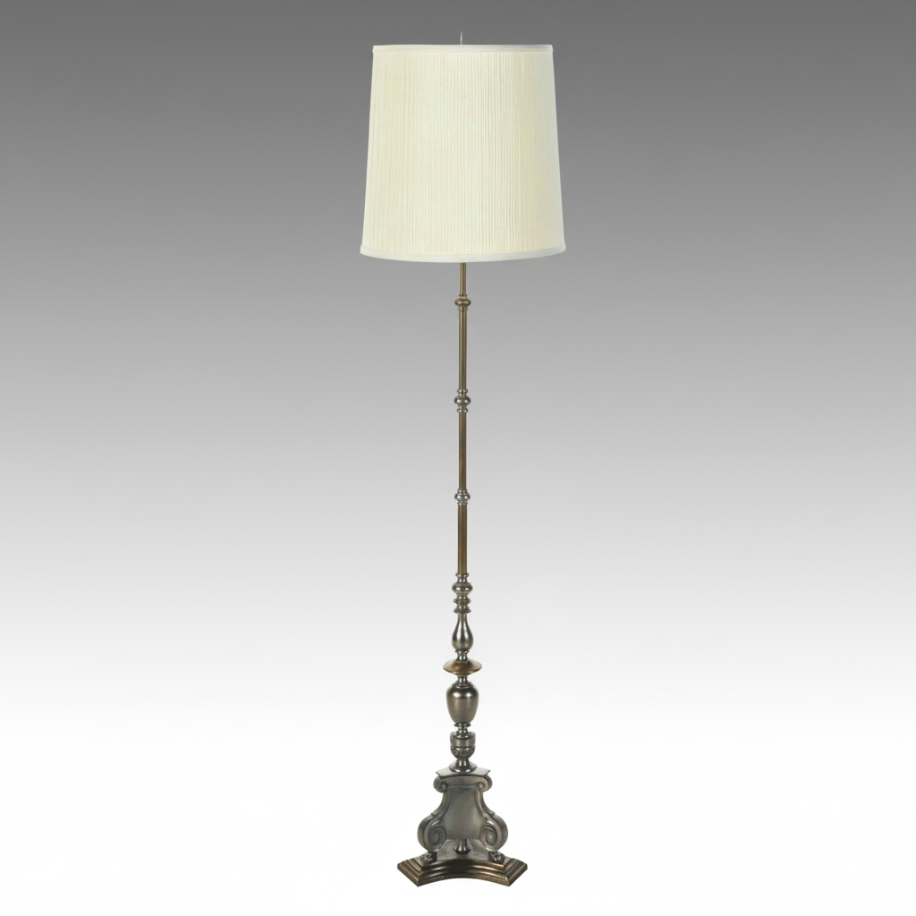 French Provincial Style Patinated Metal and Brass Floor Lamp with Shirred Shade