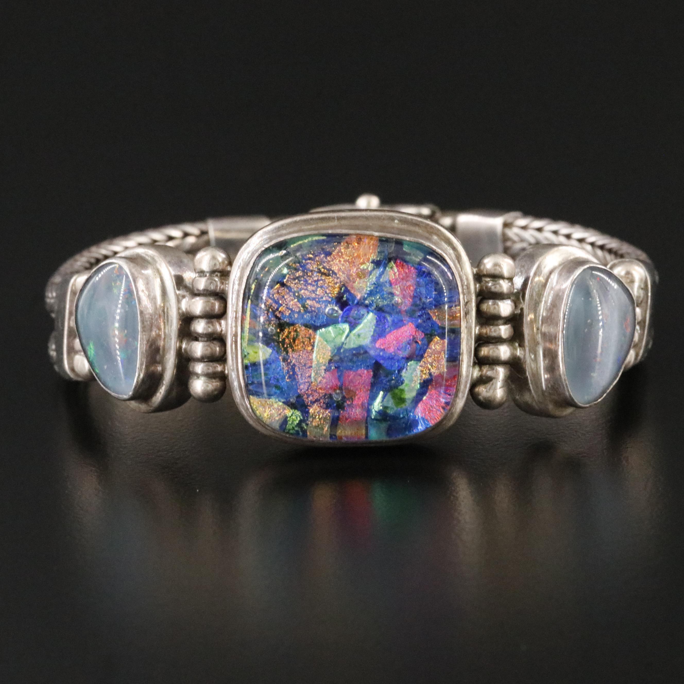 Sterling Dichroic Glass and Opal Doublet Bracelet