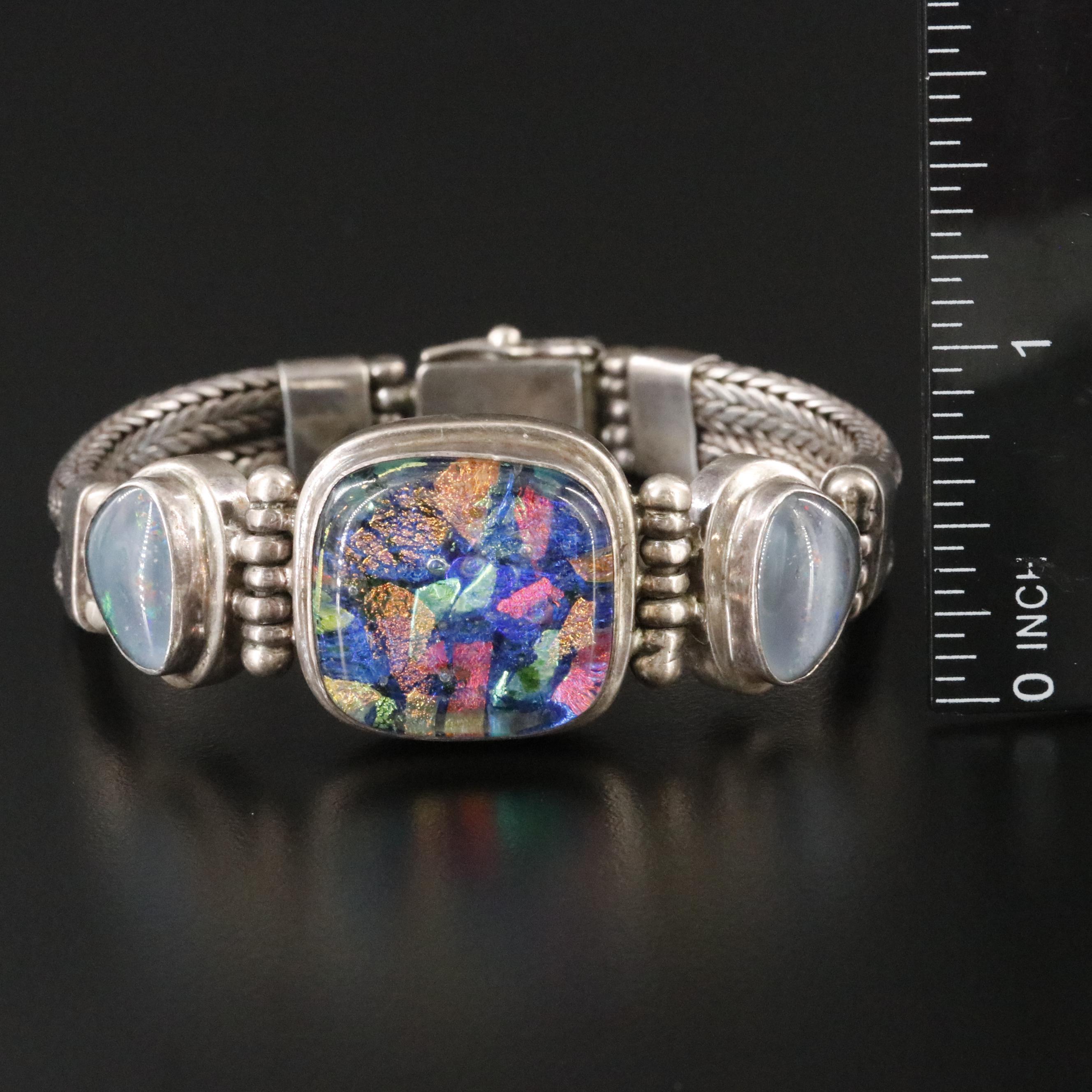Sterling Dichroic Glass and Opal Doublet Bracelet