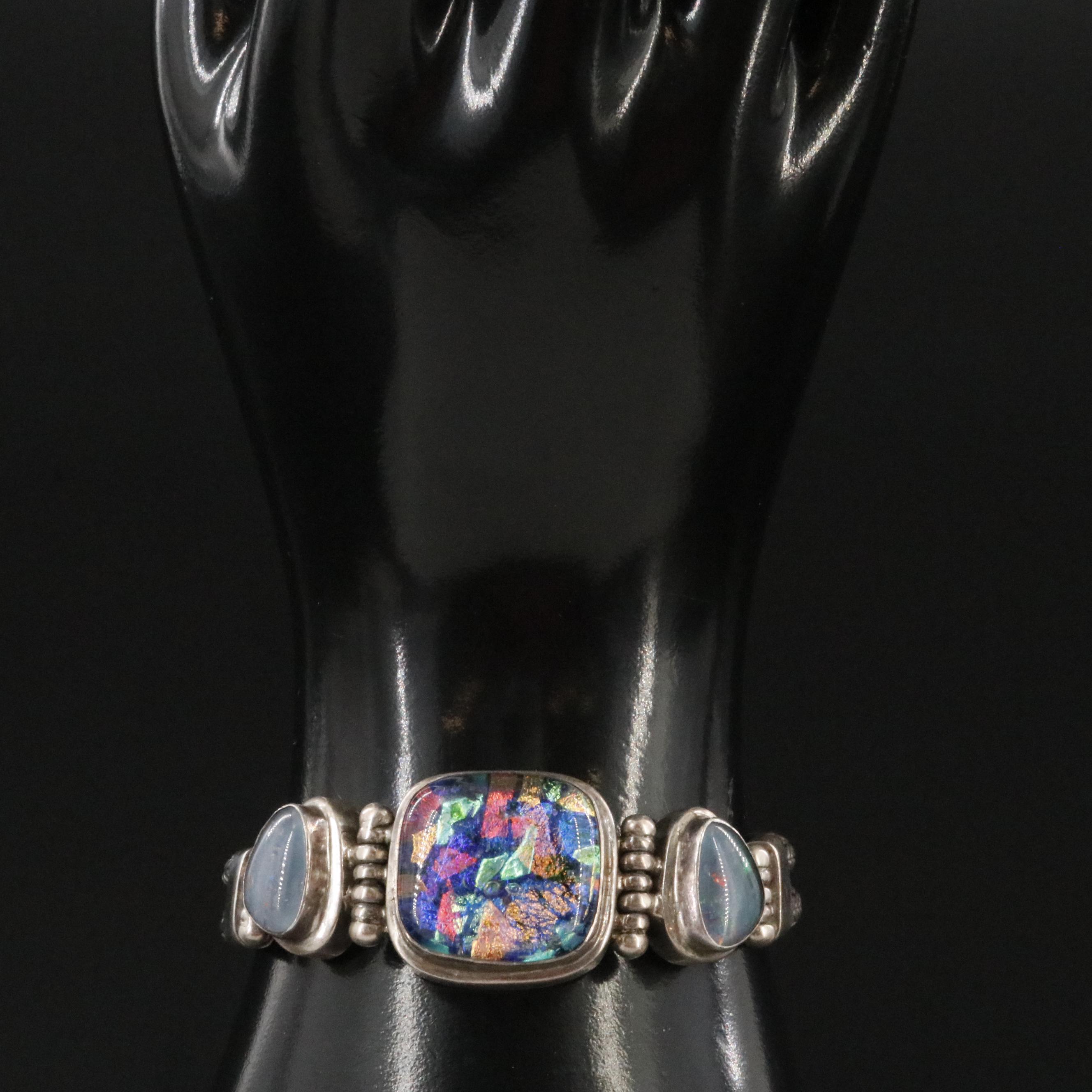 Sterling Dichroic Glass and Opal Doublet Bracelet