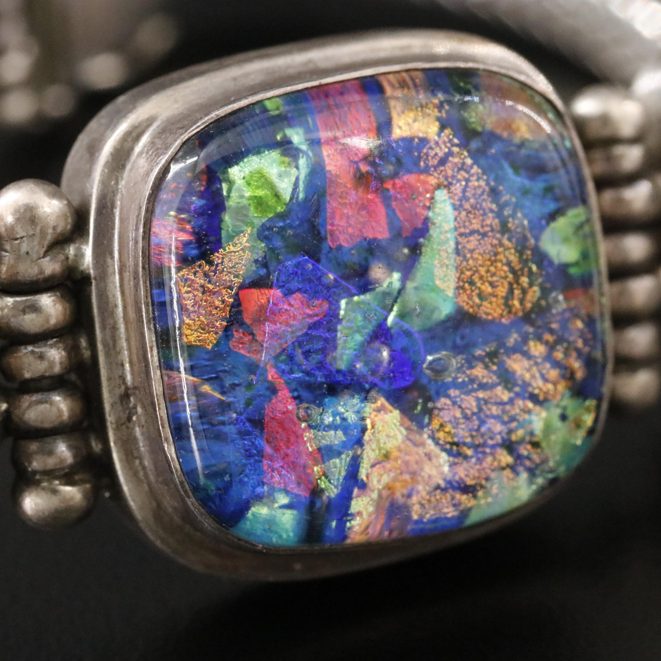 Sterling Dichroic Glass and Opal Doublet Bracelet