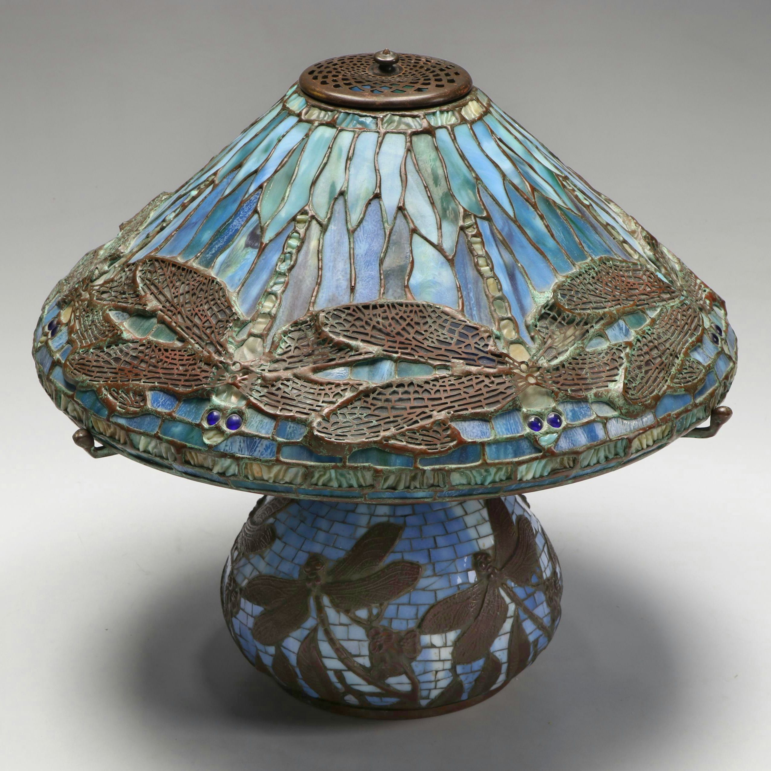 Slag Glass and Patinated Metal Dragonfly Table Lamp