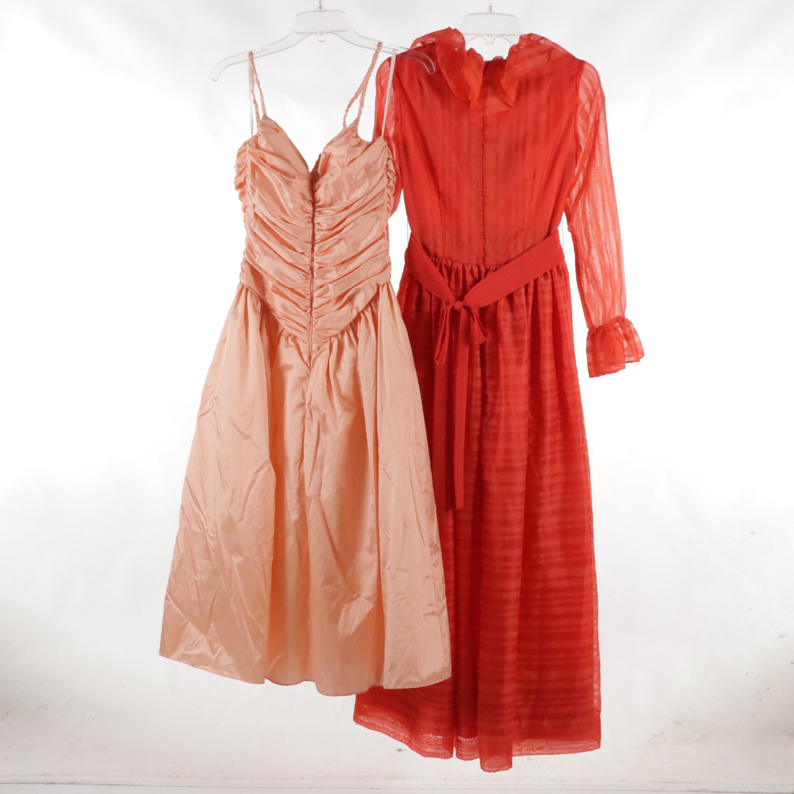 California Calliope Ruffle Maxi Dress and Lizette Creations Ruched Dress, 1970s