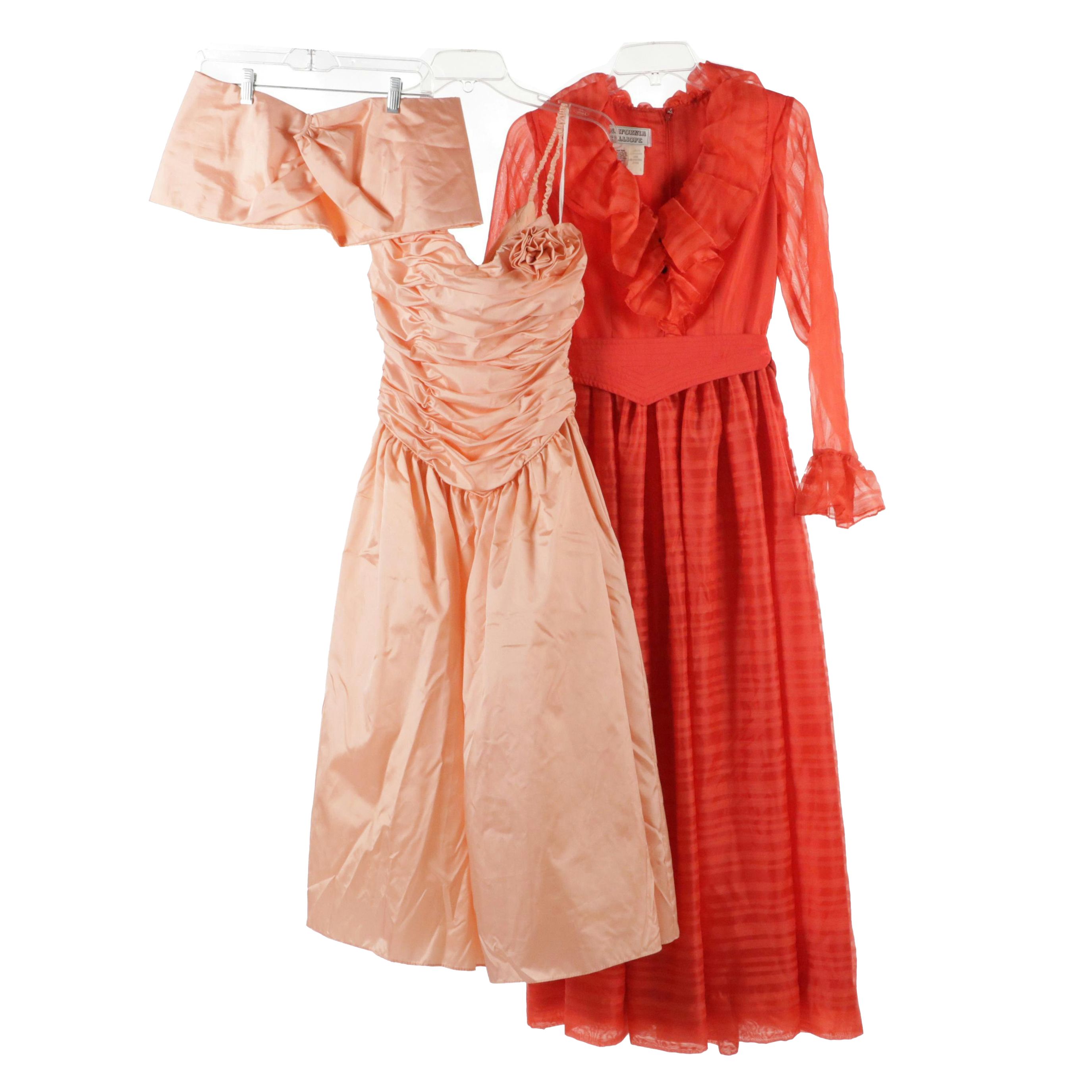 California Calliope Ruffle Maxi Dress and Lizette Creations Ruched Dress, 1970s