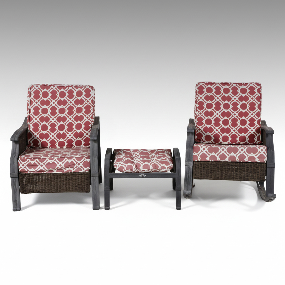 Hampton Bay Metal and Resin Wicker Patio Armchair, Rocking Chair, and Ottoman