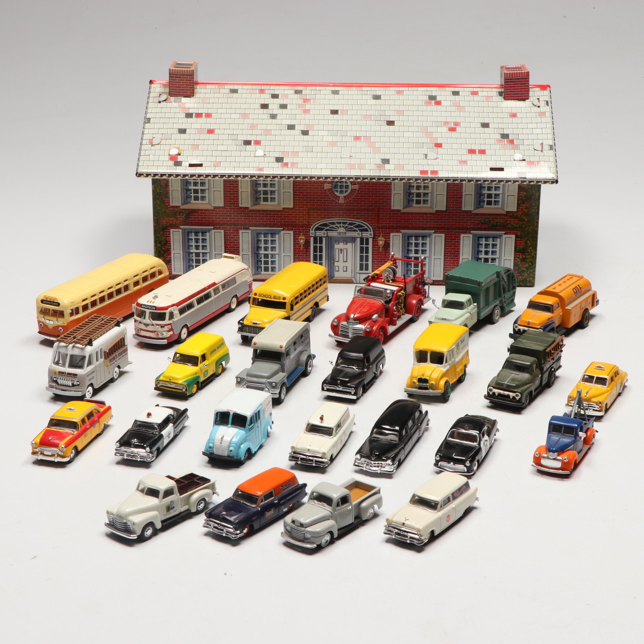 Marx Tin Lithograph House with Busch and Other Train Prop Cars