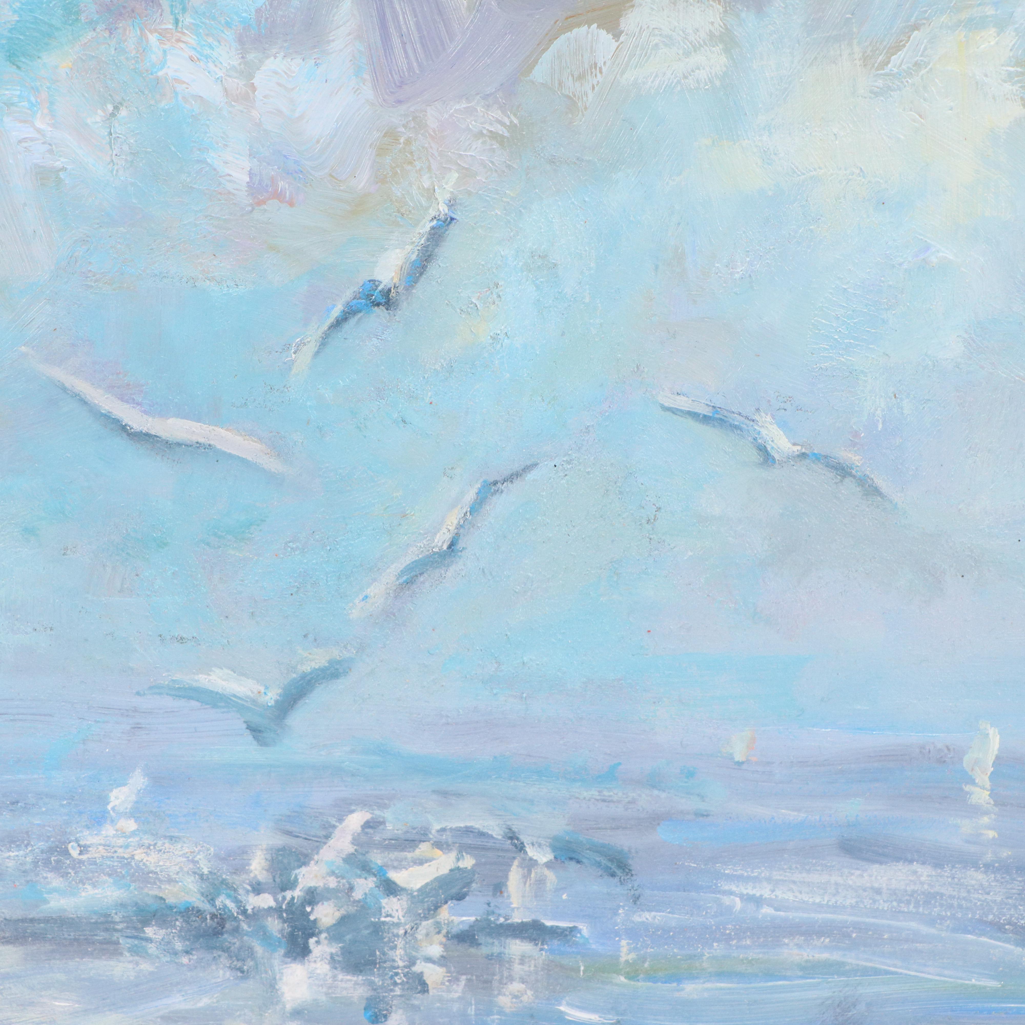 Nino Pippa Seascape Oil Painting "North Carolina - Seagulls and Sailboats," 2022