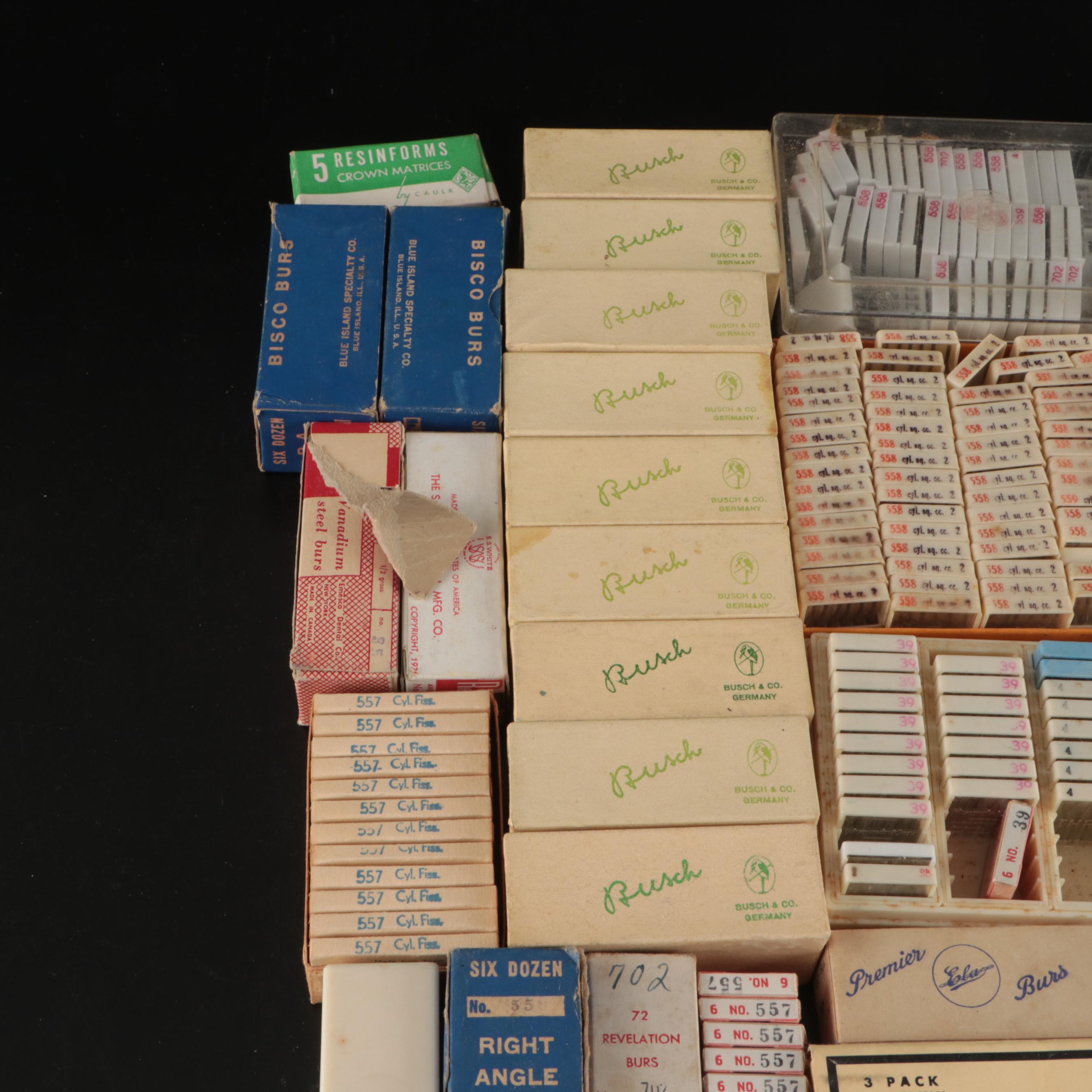 Zahn Dental, Blue Island and More Metal Burs with Other Vintage Dental Equipment