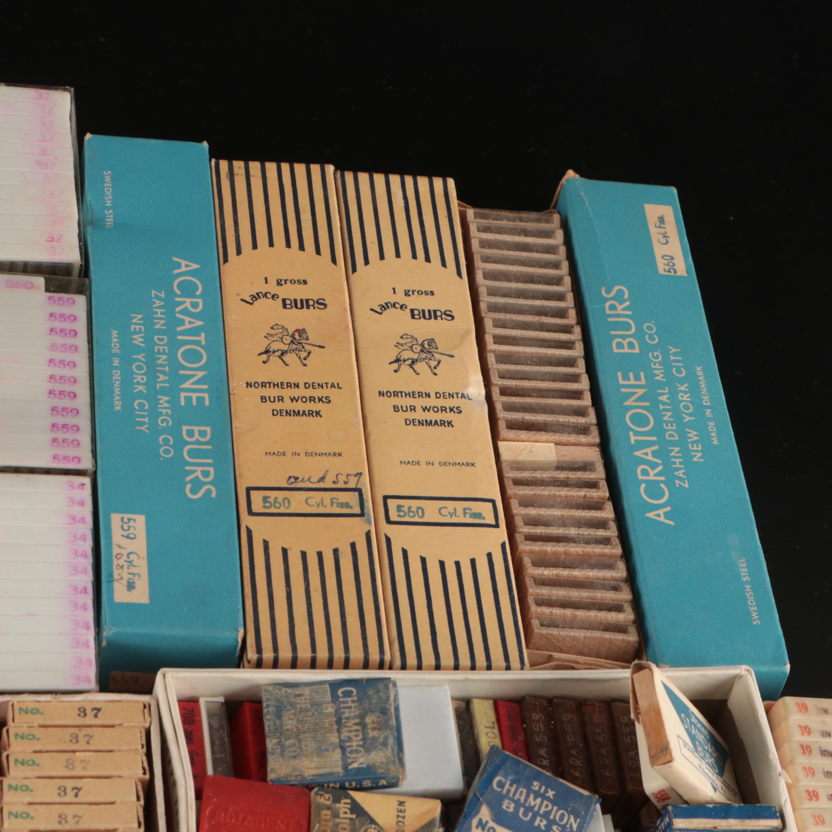 Zahn Dental, Blue Island and More Metal Burs with Other Vintage Dental Equipment