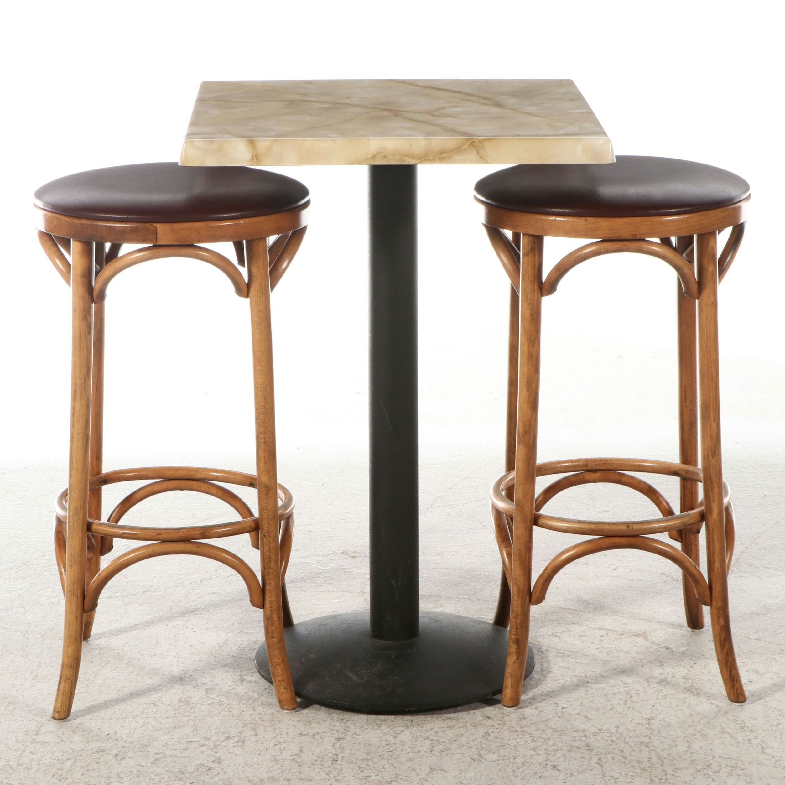 SM France Faux Marble Table with Art Nouveau Style Bentwood Barstools
