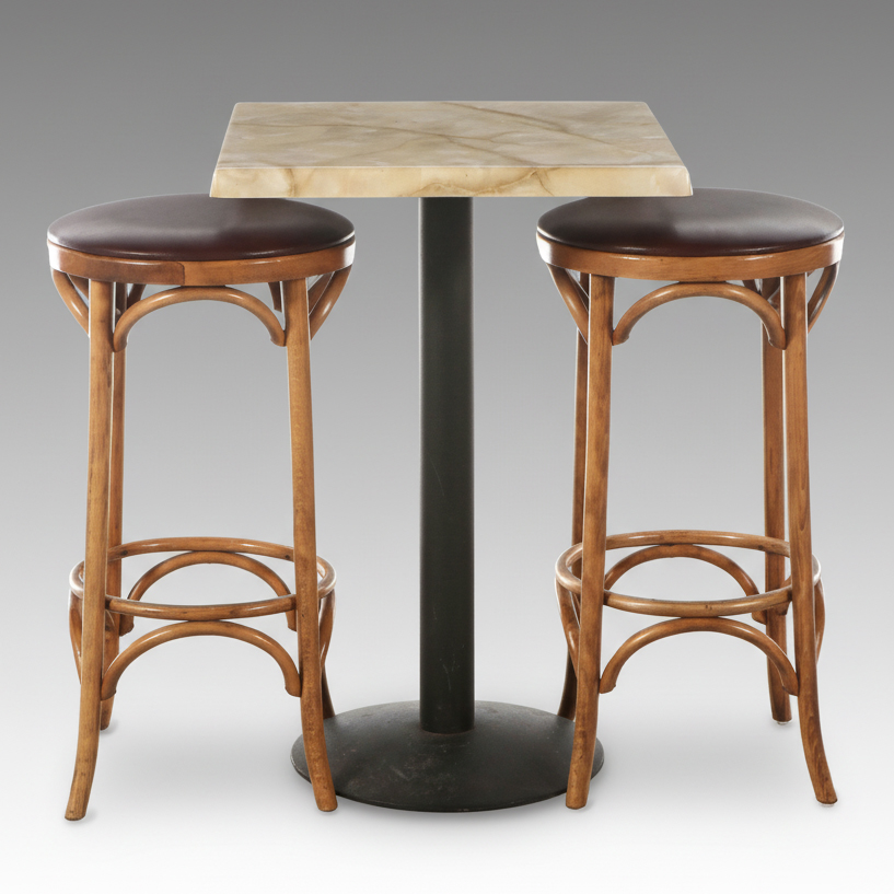 SM France Faux Marble Table with Art Nouveau Style Bentwood Barstools