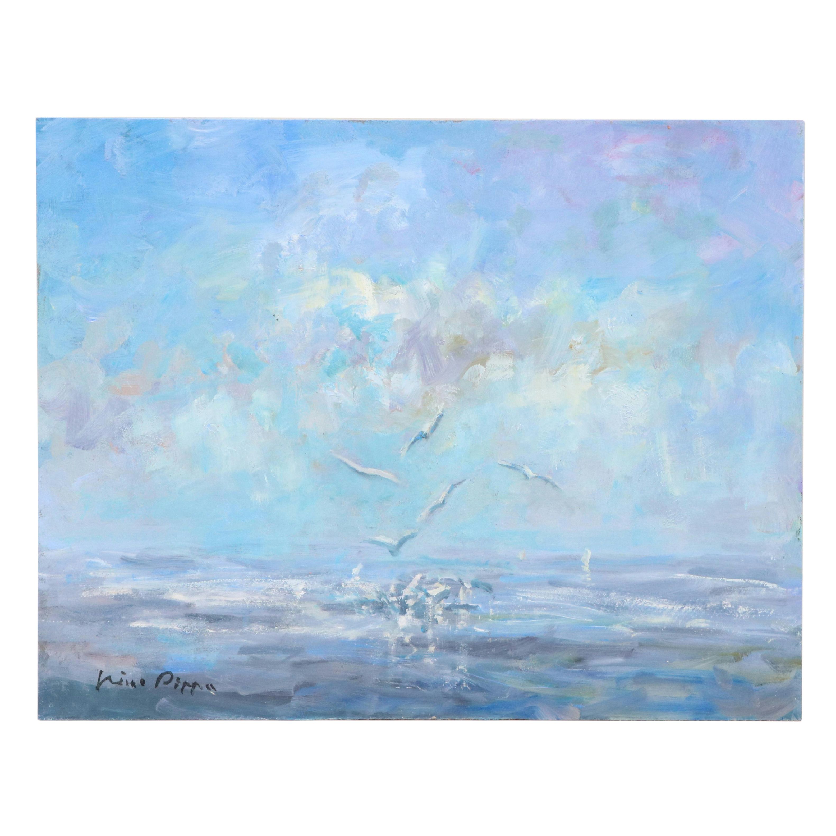Nino Pippa Seascape Oil Painting "North Carolina - Seagulls and Sailboats," 2022