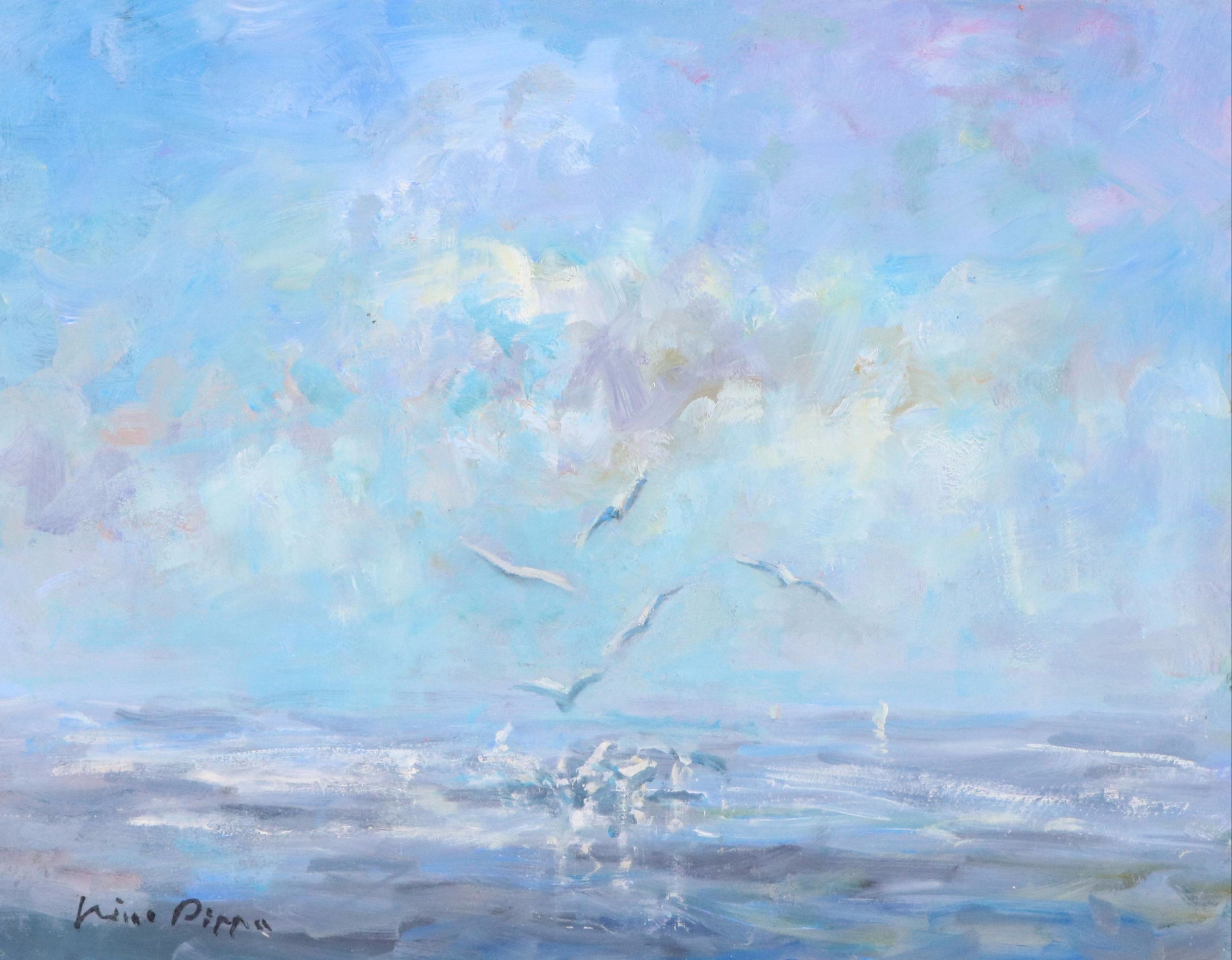 Nino Pippa Seascape Oil Painting "North Carolina - Seagulls and Sailboats," 2022