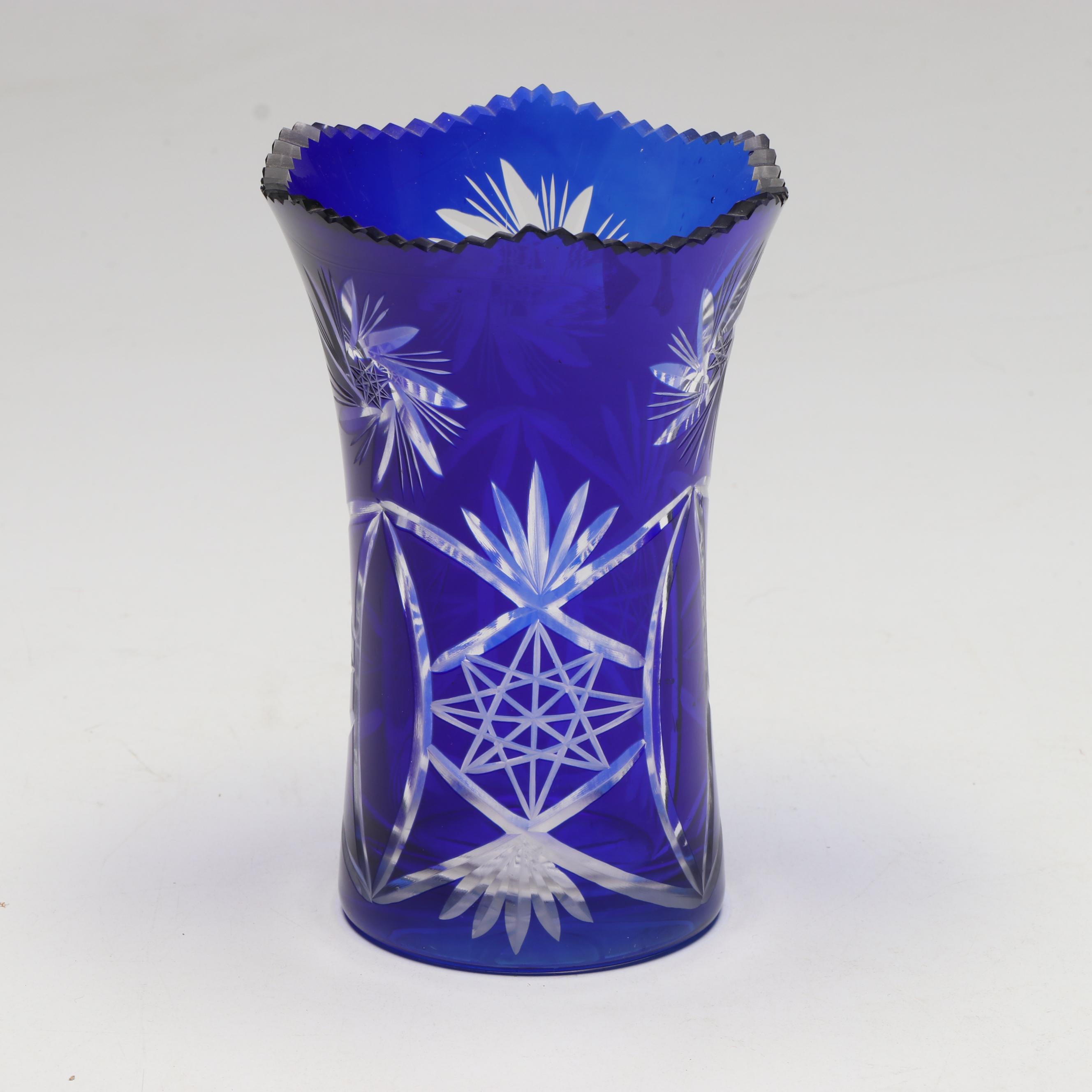 Bohemian Style Cobalt Cut to Clear Crystal Vase and Lidded Box